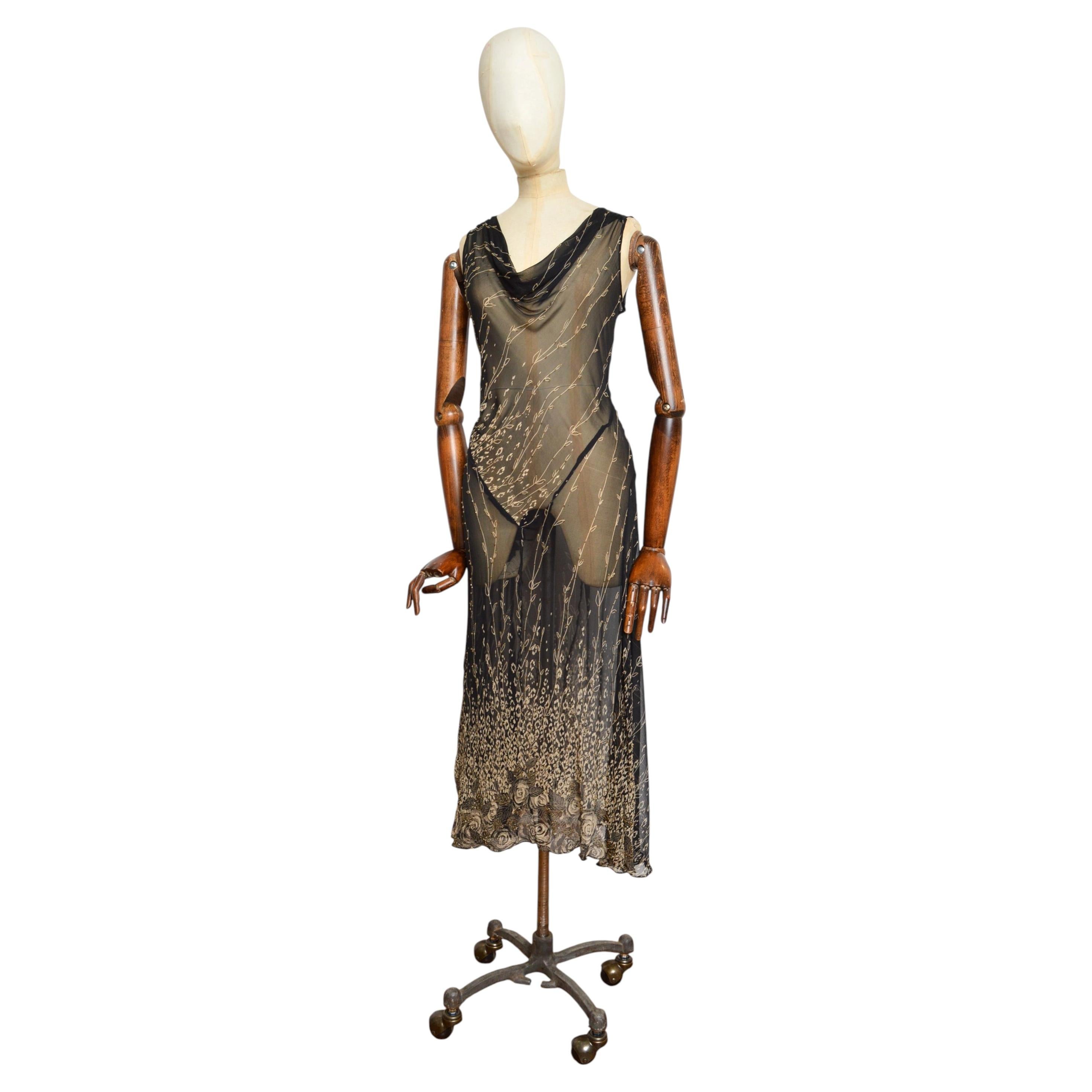 1990’s Vintage Sheer Long Black Bias Cut Silk Beaded Evening Gown