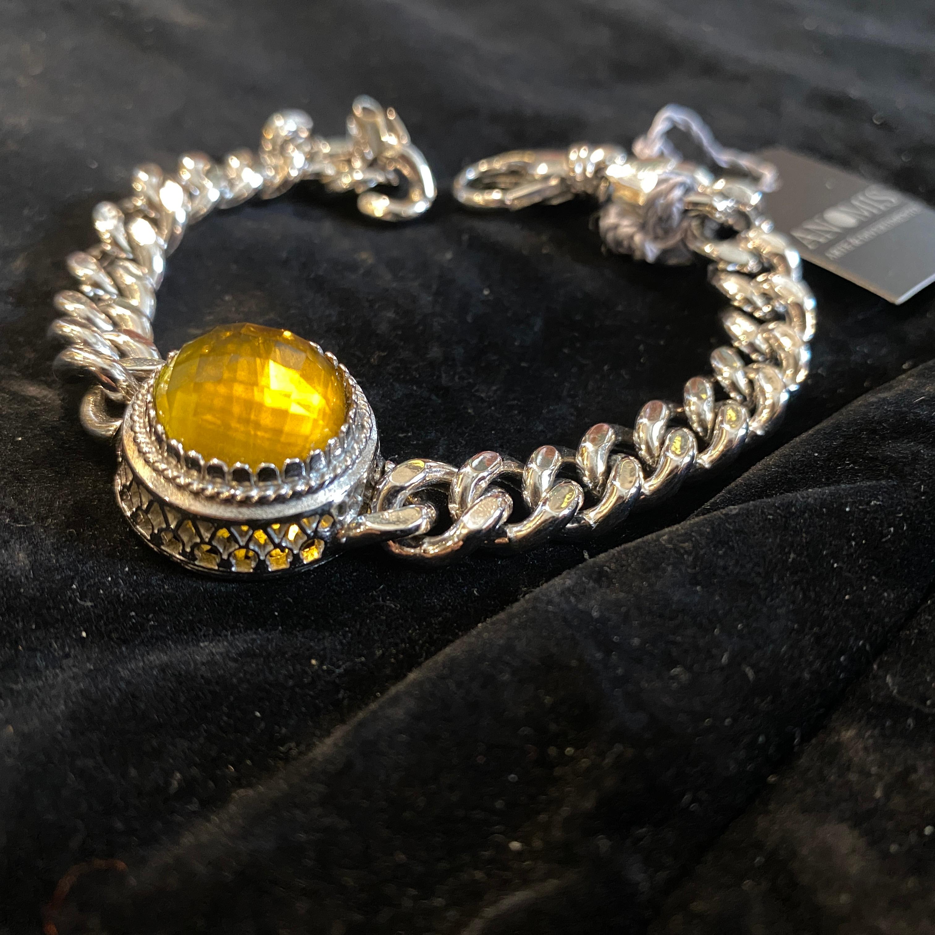 A never used high quality never worn sterling silver and round yellow hydrothermal quartz chain bracelet designed and manufactured in Italy by Anomis