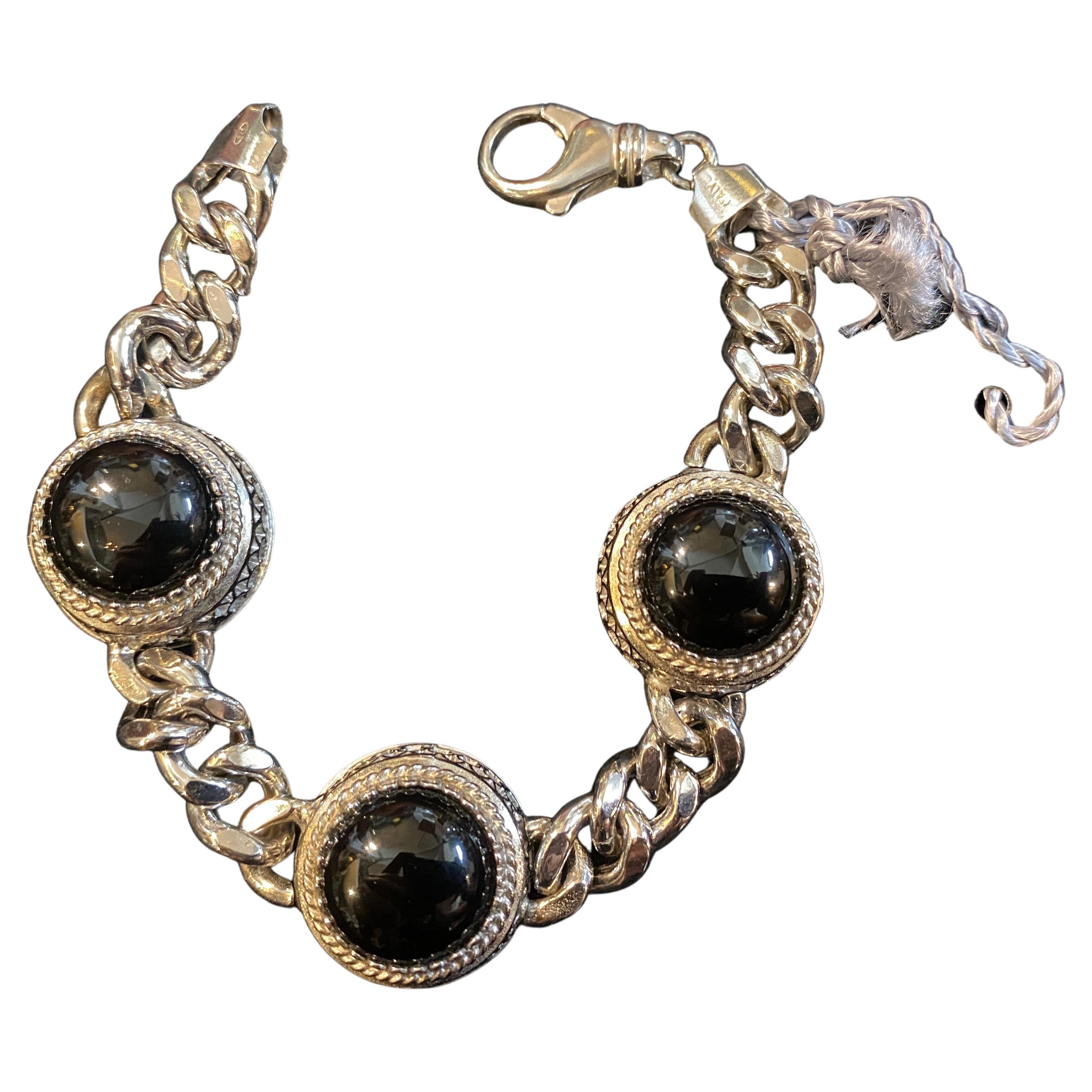 1990s Vintage Sterling Silver and Onyx Italian Chain Bracelet by Anomis