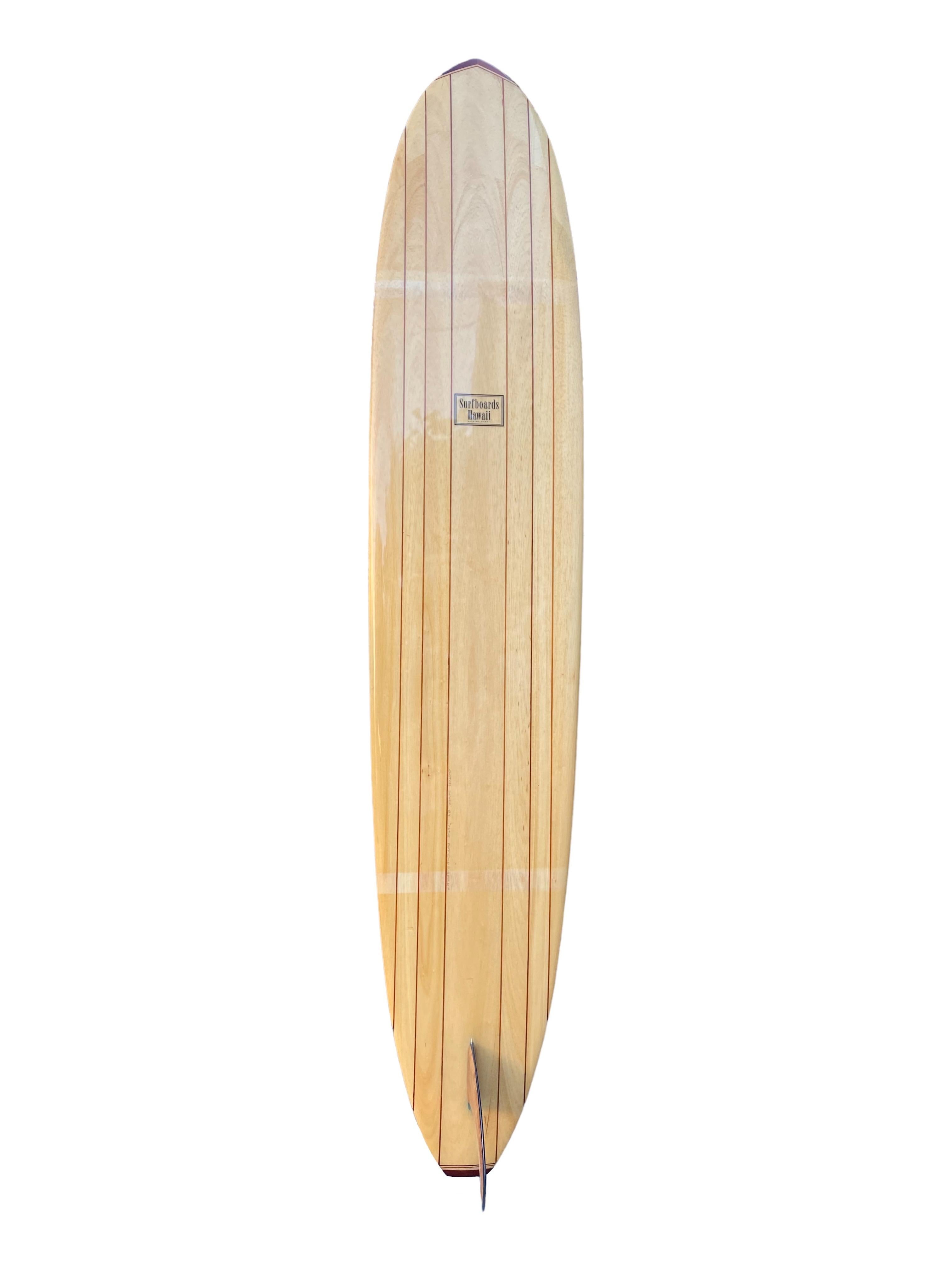 1995-96 Vintage Surfboards Hawaii custom balsa longboard made by the late Mike Diffenderfer (1937-2002). Features a classic longboard shape design with 6 stringers and gorgeous wooden noseblock and tailblock. Beautiful mango wood fin with blue halo