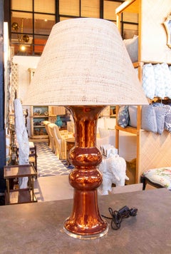 1990s Vintage Table Lamp in Copper-colored Ceramic with Raffia Shade