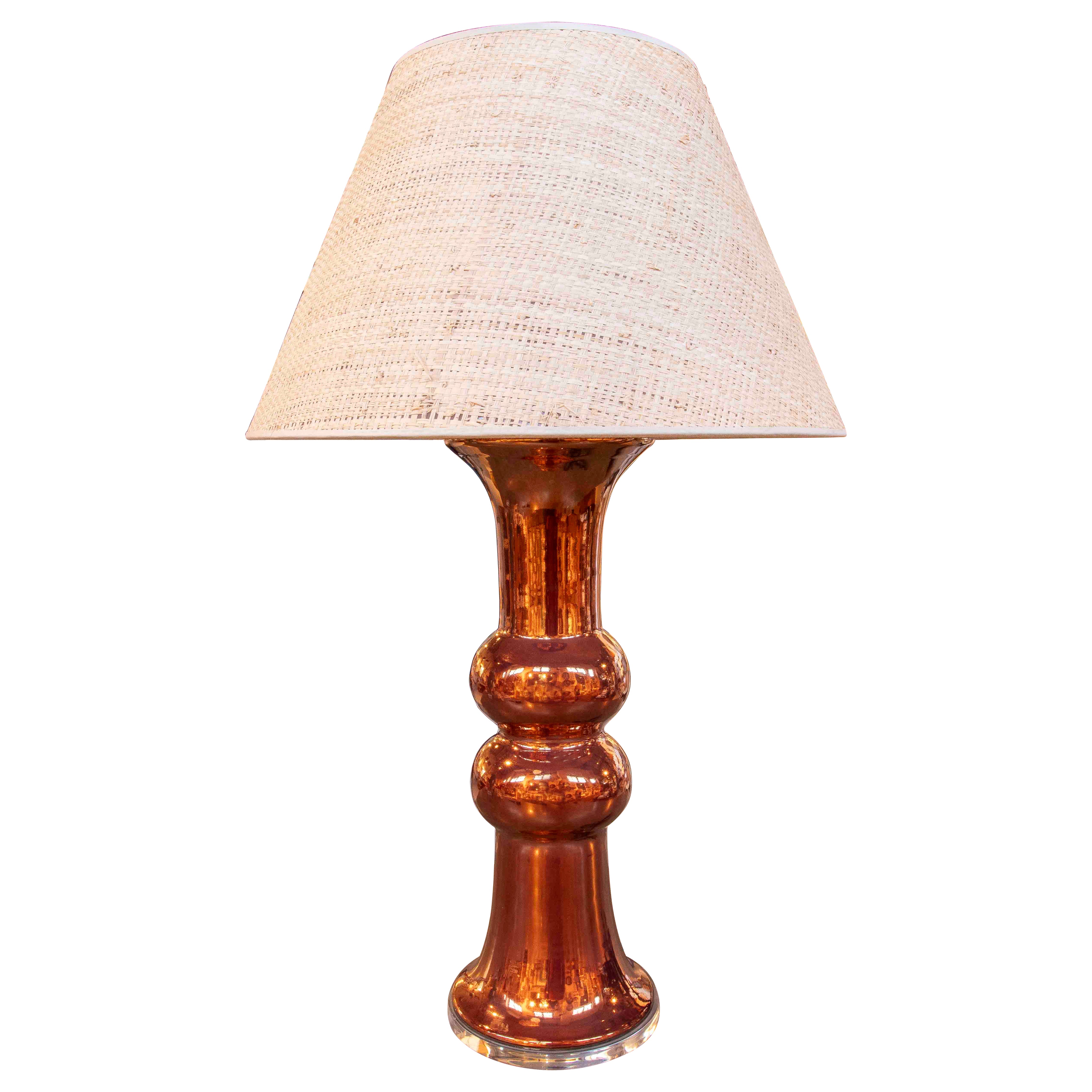 1990s Vintage Table Lamp in Copper-colored Ceramic with Raffia Shade