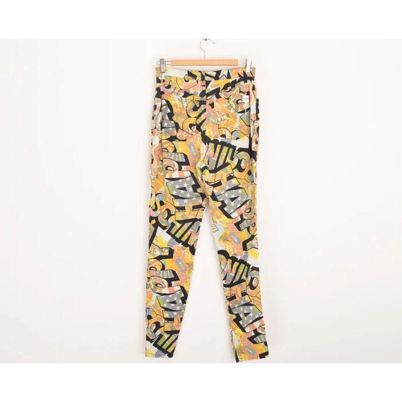 1990's Vintage UK Garage Rave Moschino Graffiti Pattern High waisted Jeans In Fair Condition For Sale In Sheffield, GB