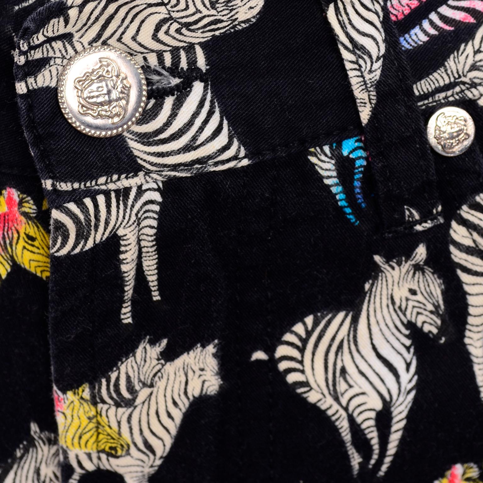 1990s Vintage Versace Jeans Couture Black Pants in Ombre Rainbow Zebra Print For Sale 3