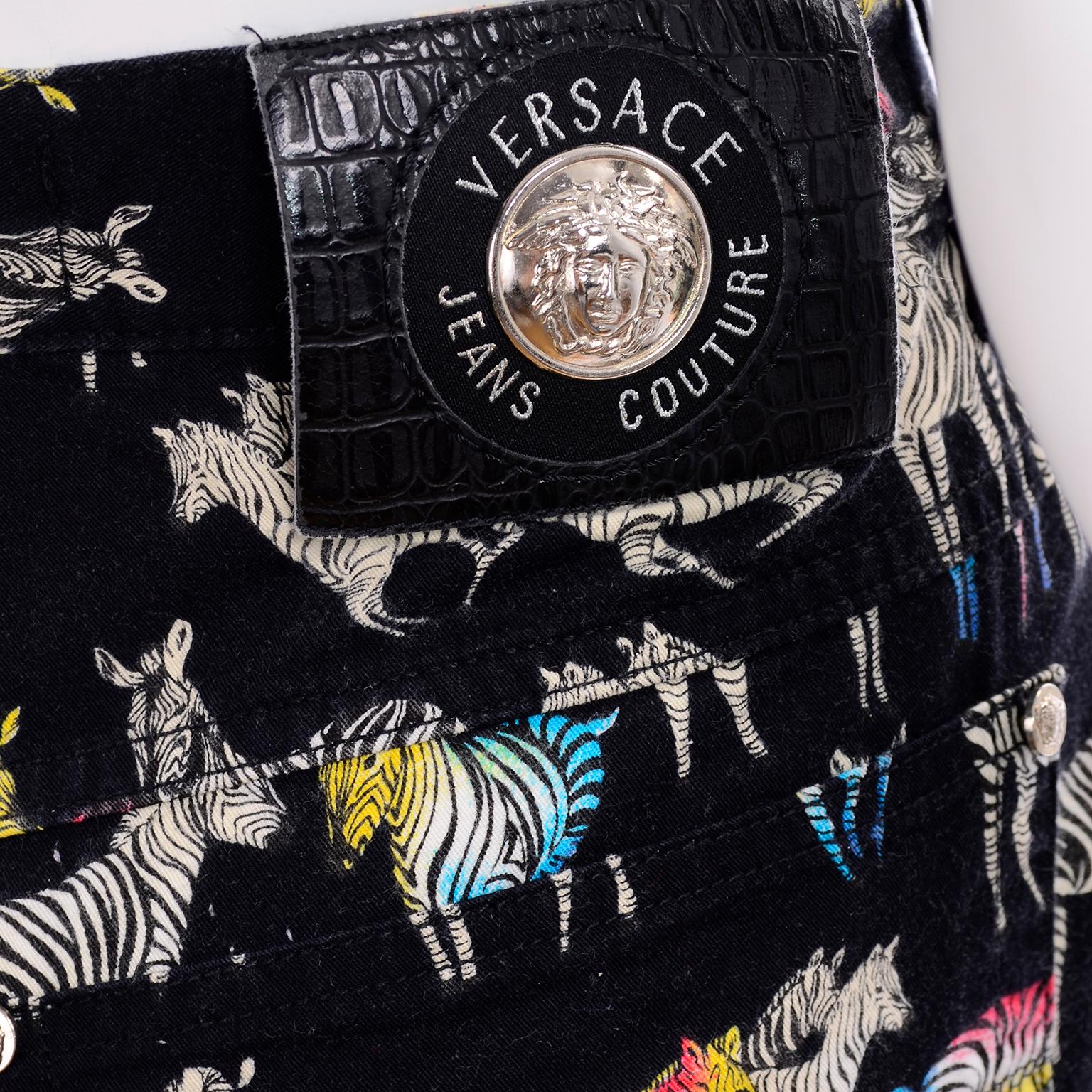 1990s Vintage Versace Jeans Couture Black Pants in Ombre Rainbow Zebra Print For Sale 6