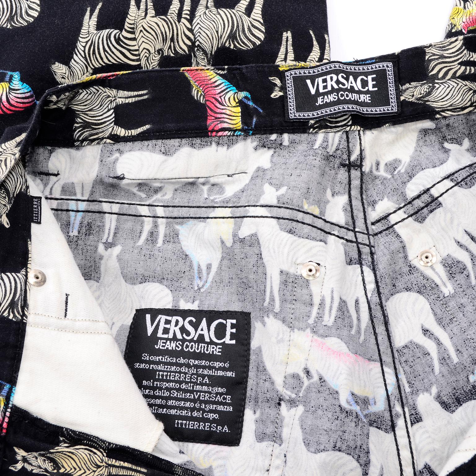 1990s Vintage Versace Jeans Couture Black Pants in Ombre Rainbow Zebra Print For Sale 7