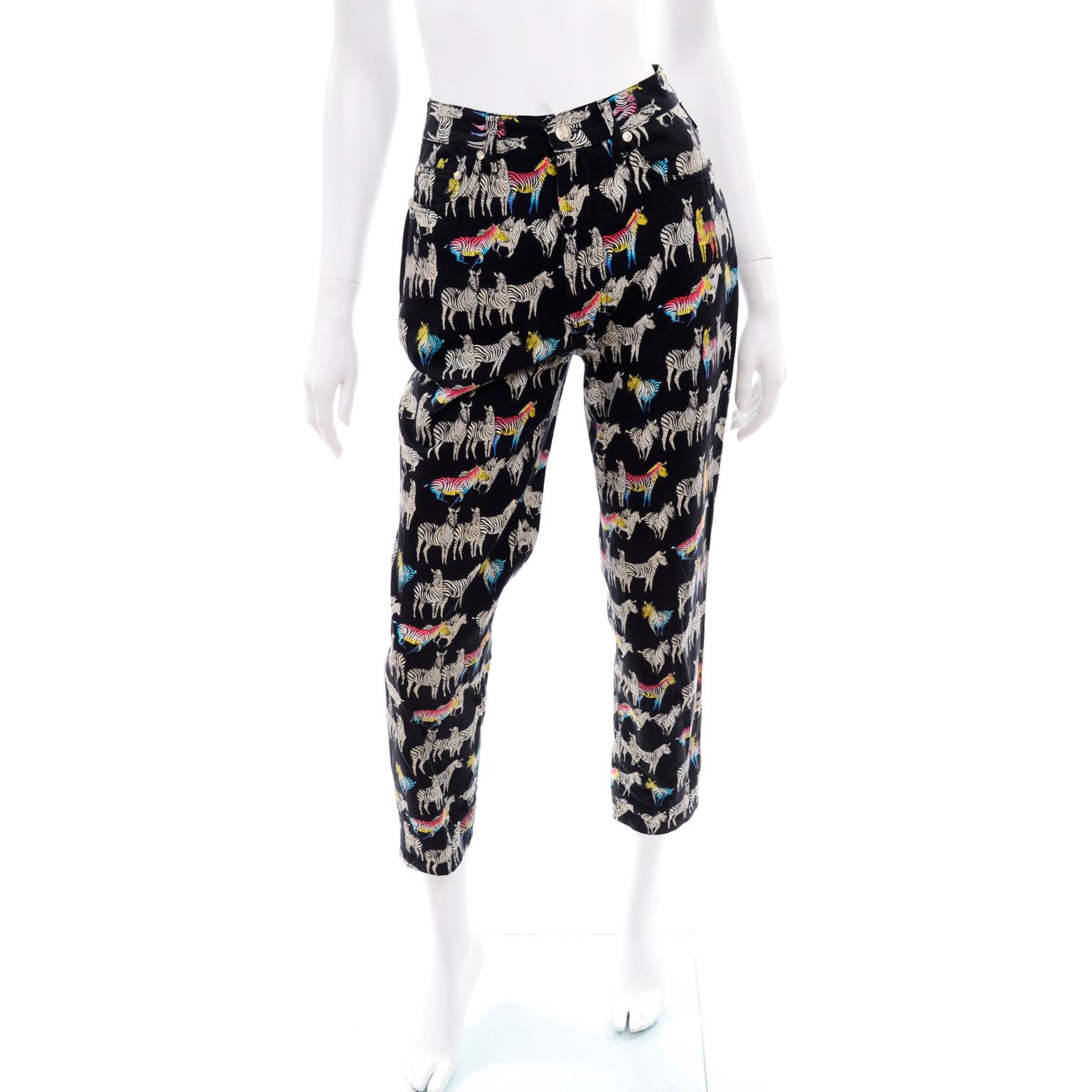 1990s Vintage Versace Jeans Couture Black Pants in Ombre Rainbow Zebra Print In Excellent Condition For Sale In Portland, OR