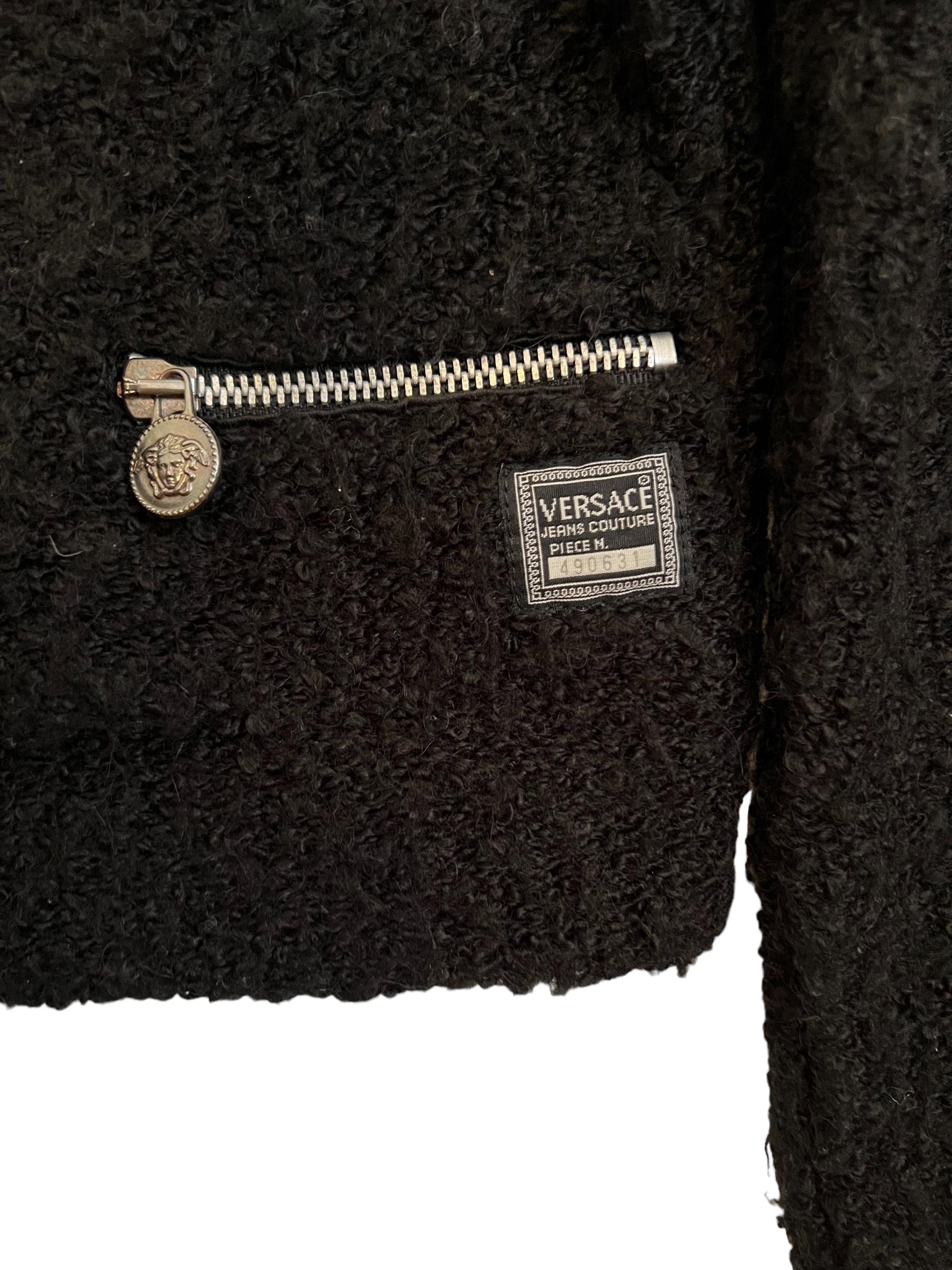 Women's 1990's Vintage Versace Jeans Couture Fuzzy Black Cropped Knitted Cardigan