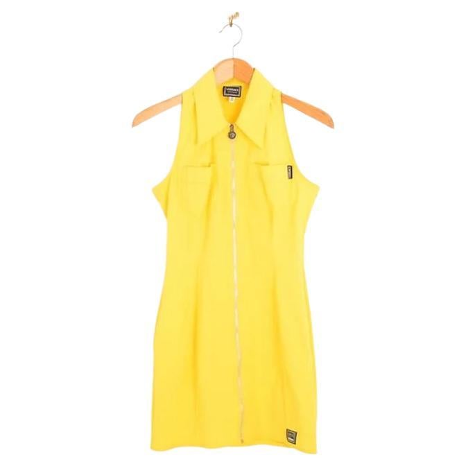 1990's Vintage Versace Jeans Couture Yellow Mini Zip down Body Con Dress For Sale