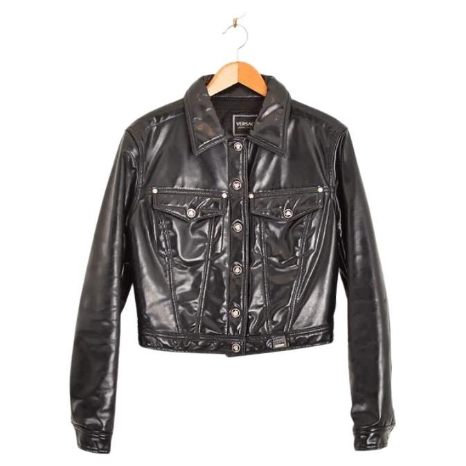 1990's Vintage Versace Latex Black Wet Look Cropped Jacket For Sale