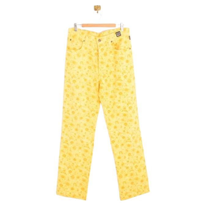 1990's Vintage Versace Yellow Daisy floral Pattern high waisted Jeans Pants For Sale