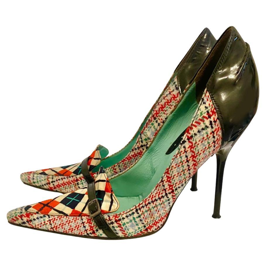 1990 Vintage Versus Versace Tweed Cuir verni Talons aiguilles imprimé géométrique