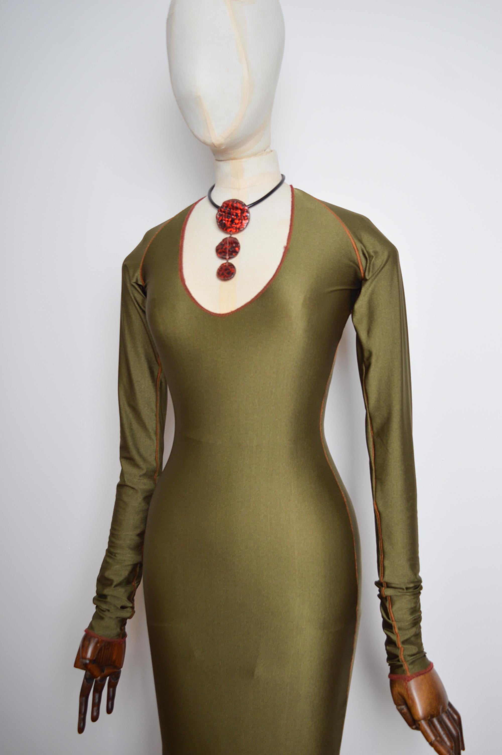 1990's Vintage XÜLY BET Khaki Green Long sleeve Body Con Maxi Technical Dress For Sale 6