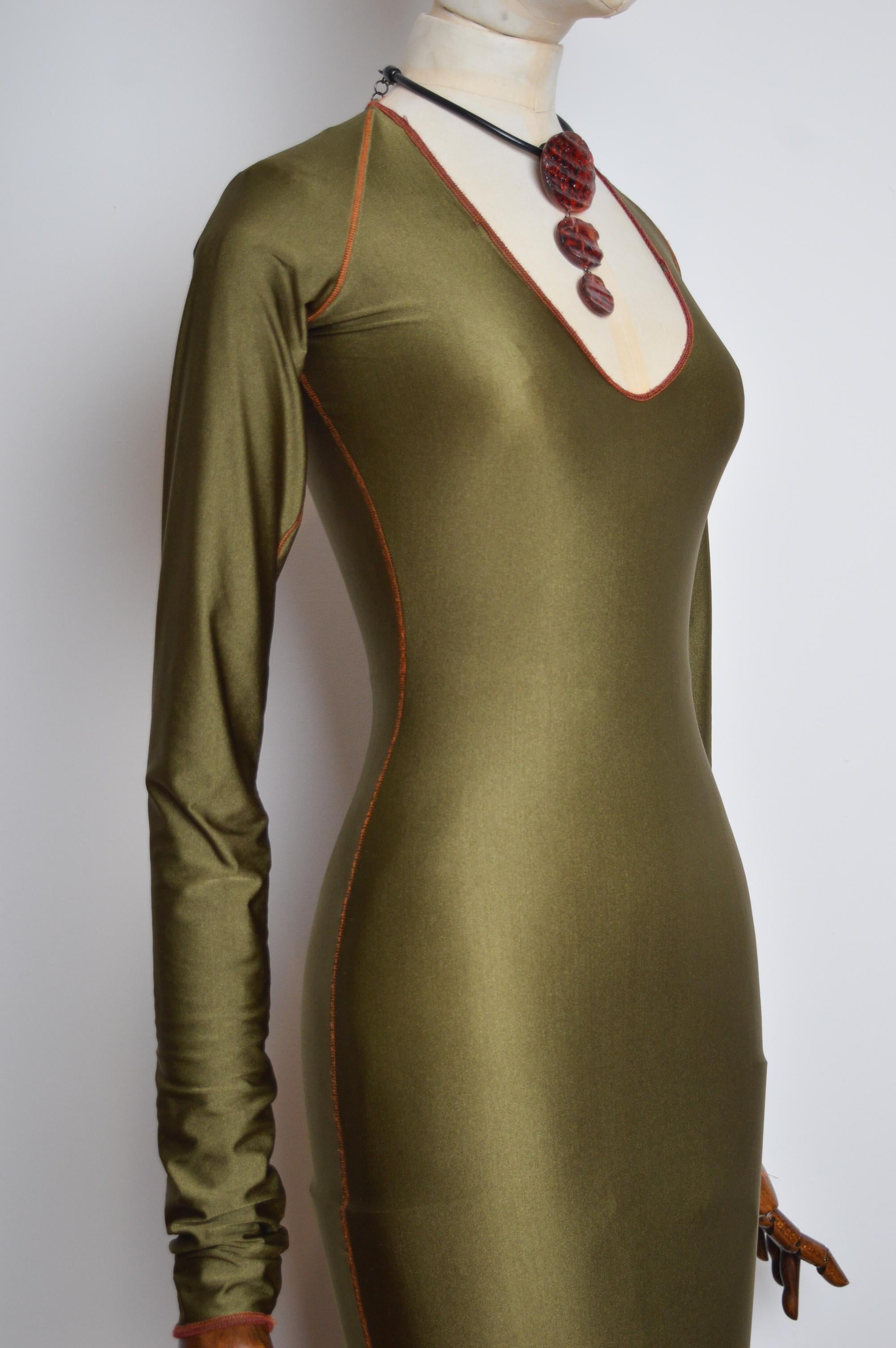 1990's Vintage XÜLY BET Khaki Green Long sleeve Body Con Maxi Technical Dress For Sale 1