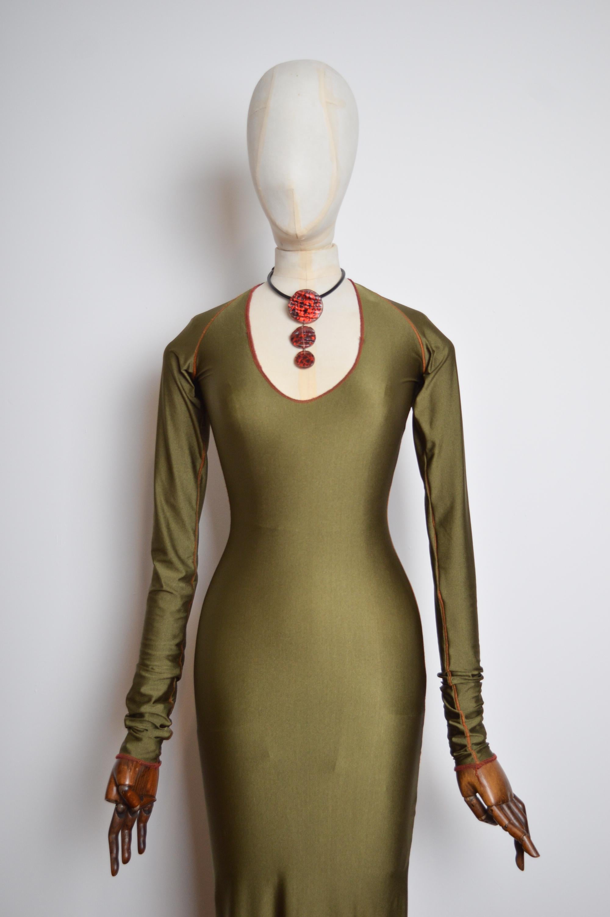 1990's Vintage XÜLY BET Khaki Green Long sleeve Body Con Maxi Technical Dress For Sale 4