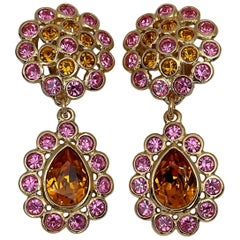 1990s Vintage Yves Saint Laurent Colourful Rhinestone Drop Clip on Earrings