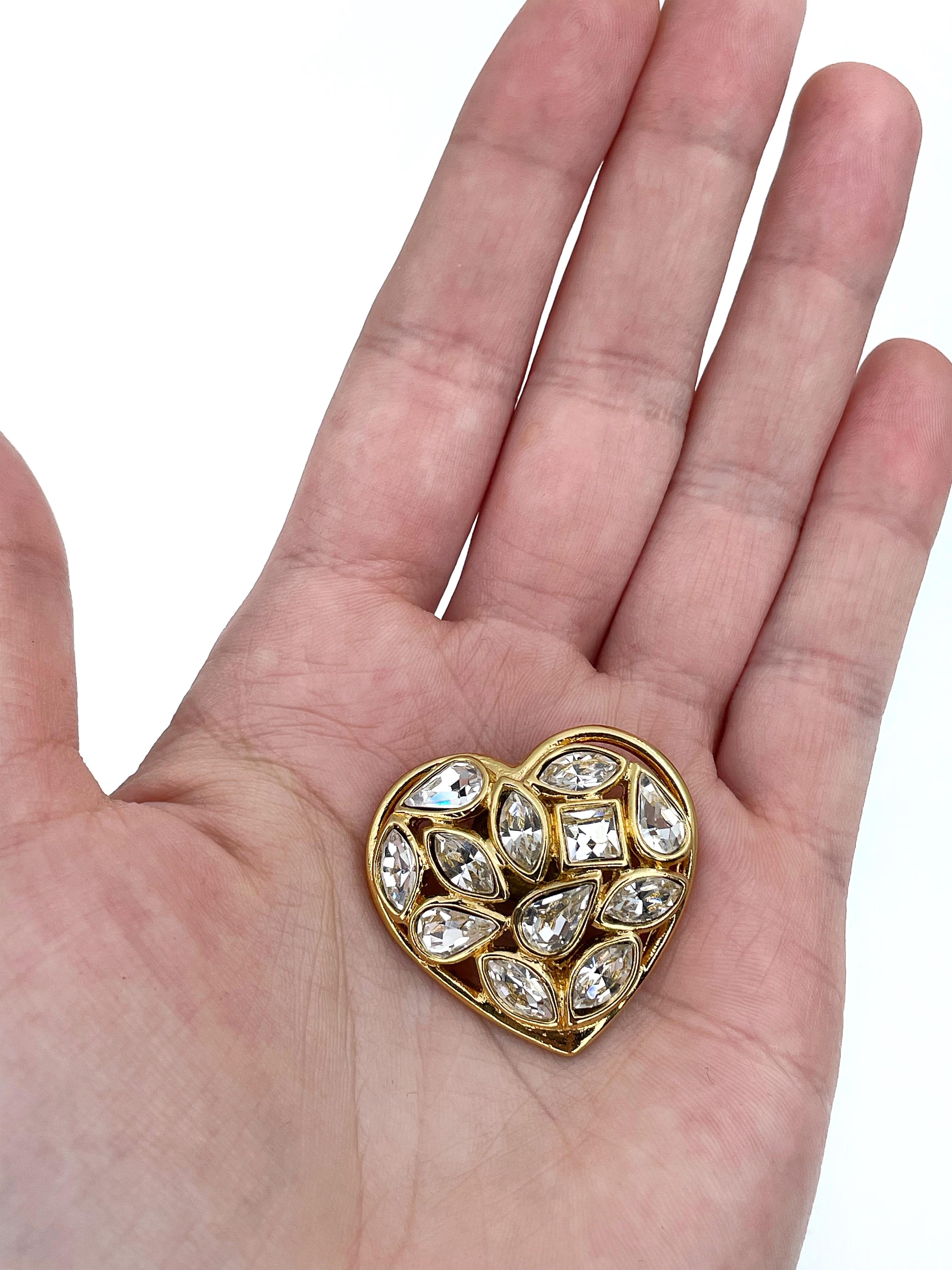 Modern 1990s Vintage Yves Saint Laurent Gold Tone Clear Rhinestone Heart Pin Brooch