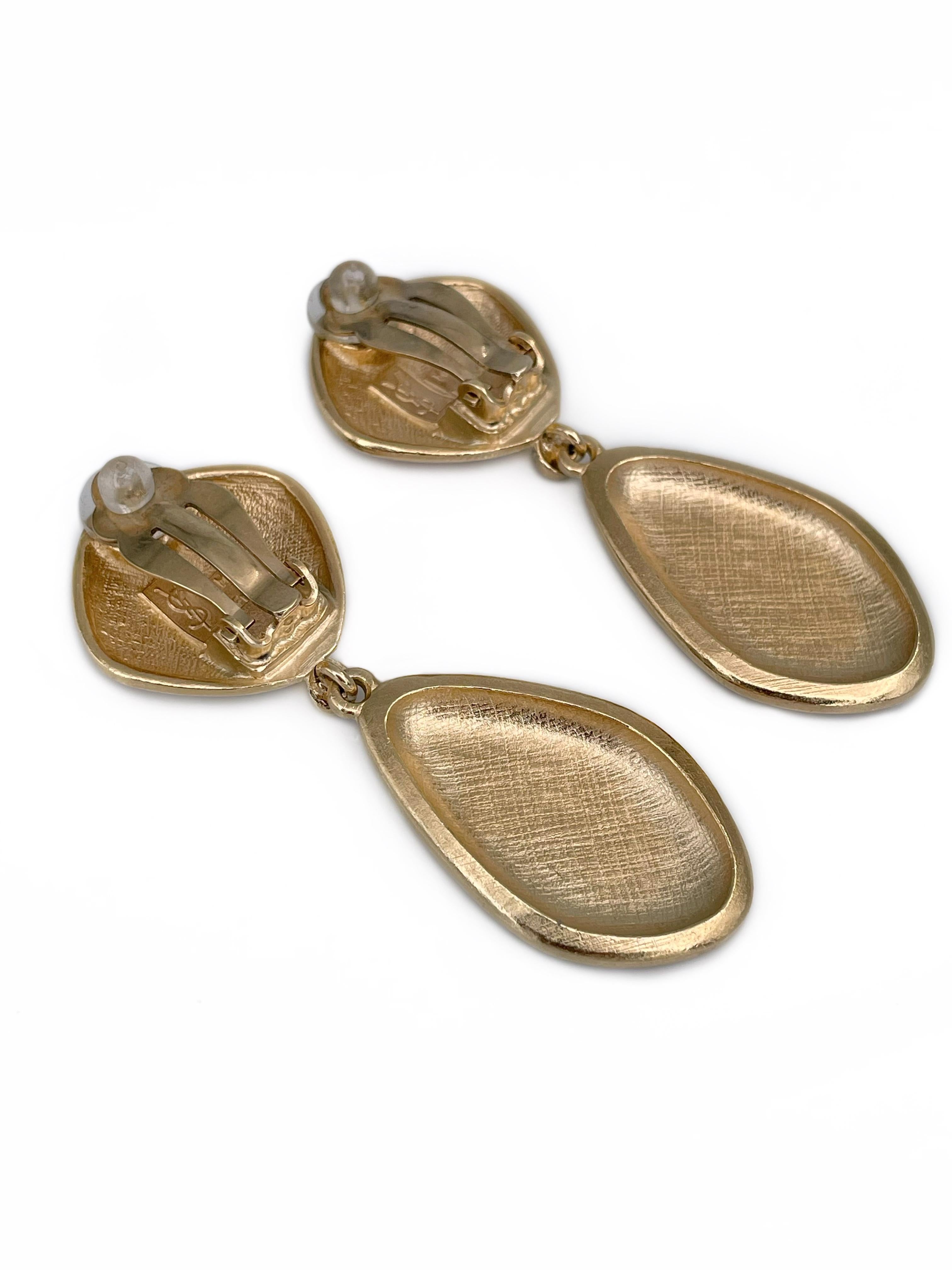 Modern 1990s Vintage Yves Saint Laurent Gold Tone Textured Long Clip-On Earrings
