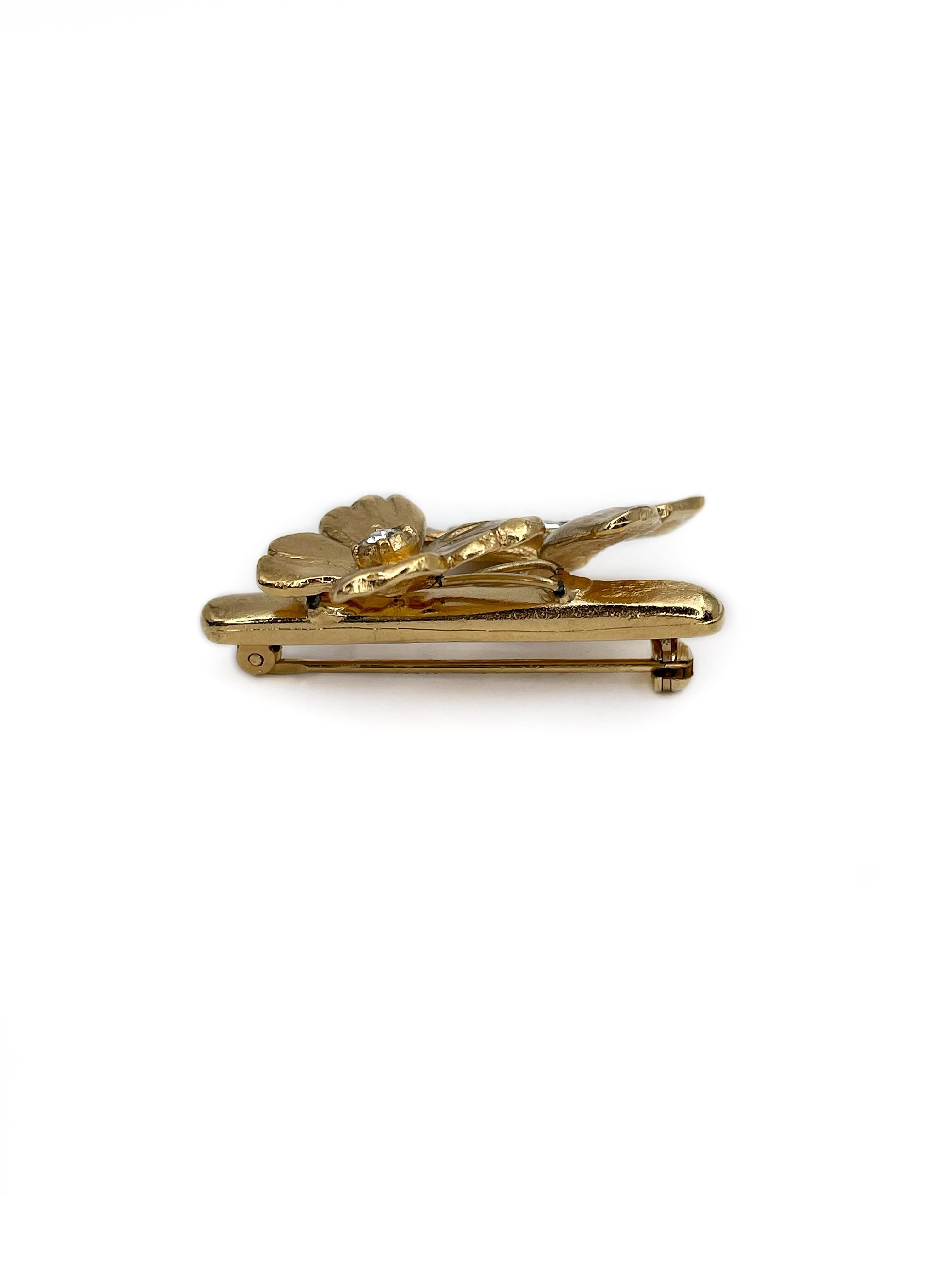 1990s Vintage Yves Saint Laurent Gold Tone Two Butterfly Bar Brooch 1