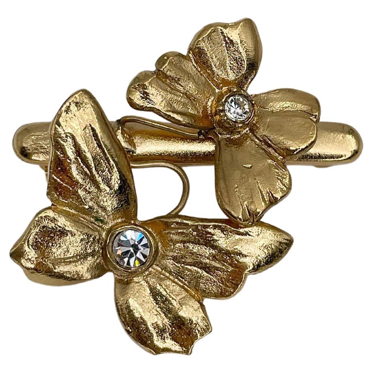 1990s Vintage Yves Saint Laurent Gold Tone Two Butterfly Bar Brooch For Sale