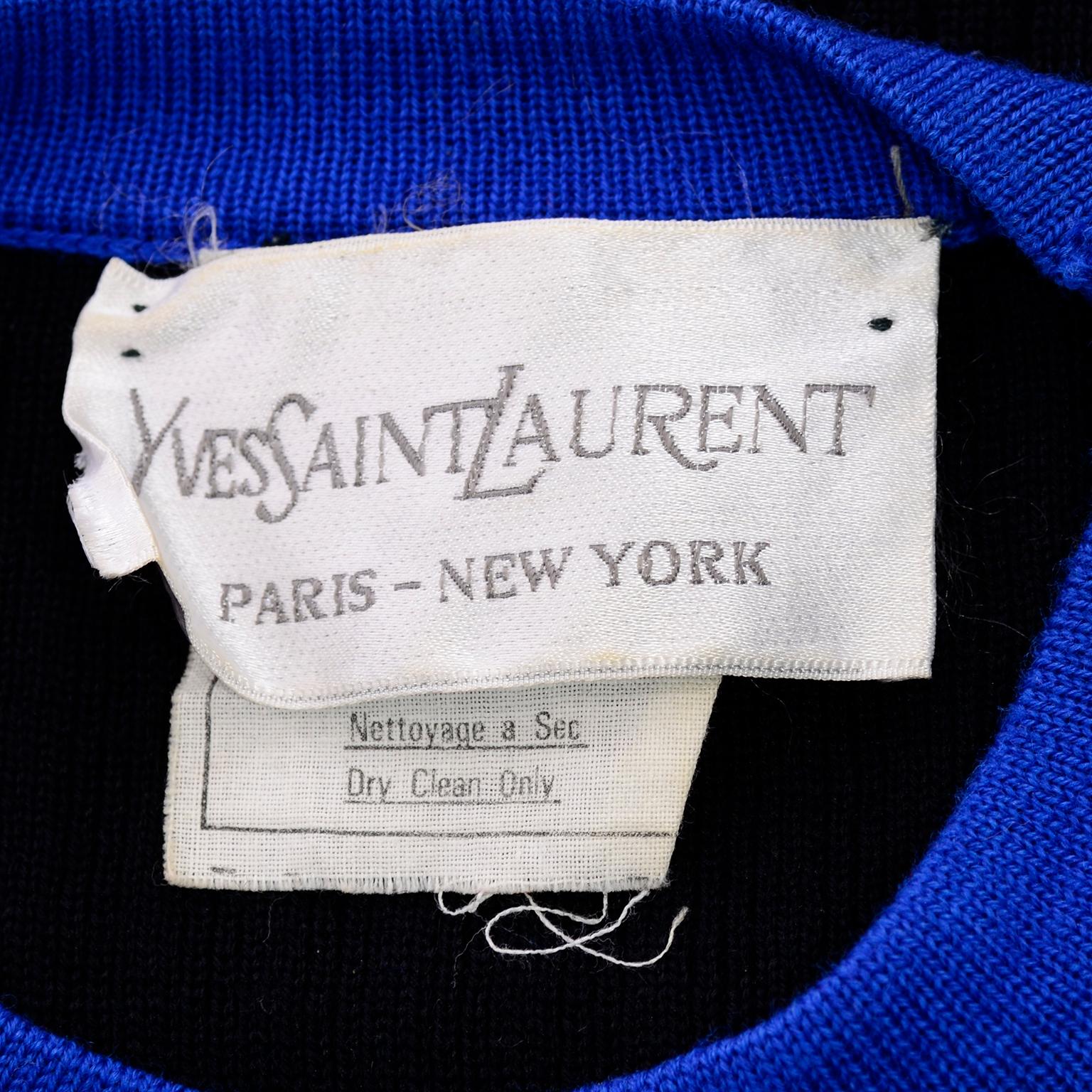 Vintage Yves Saint Laurent Sweater Pullover Top in Black Wool W/ Blue Trim 3