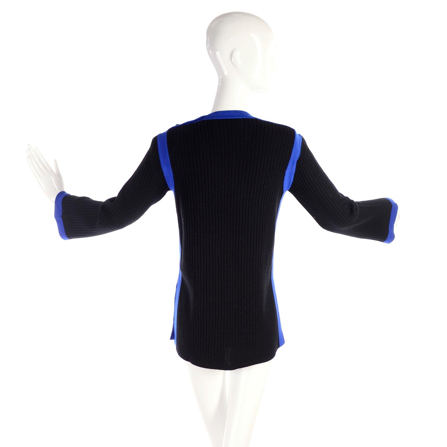 Yves Saint Laurent Pullover-Oberteil aus schwarzer Wolle mit blauem Besatz 4