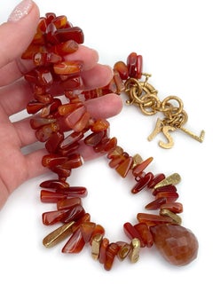 1990s Vintage Yves Saint Laurent YSL Gold Tone Agate Beaded Necklace