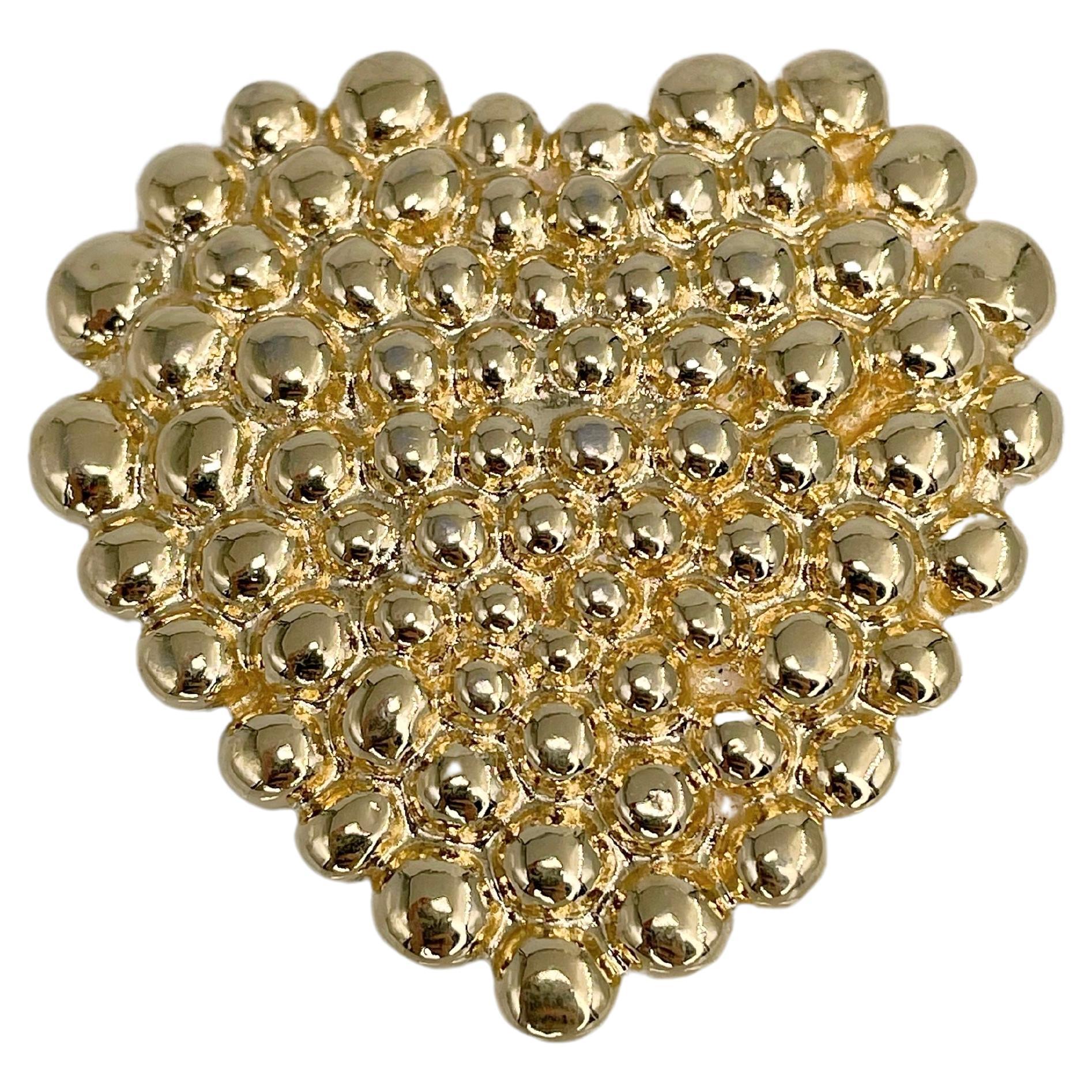 1990s Vintage Yves Saint Laurent YSL Gold Tone Bubble Pattern Heart Brooch