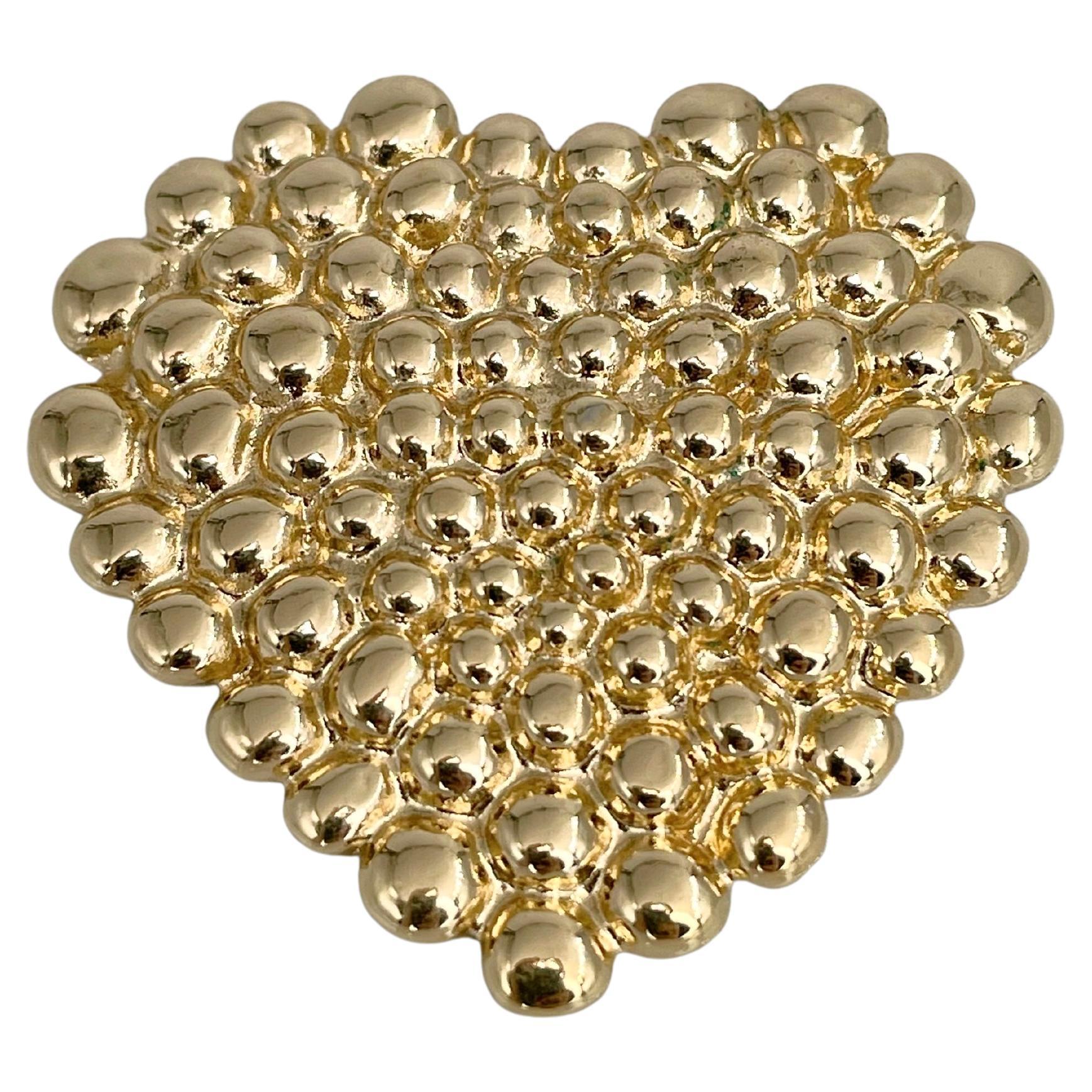1990s Vintage Yves Saint Laurent YSL Gold Tone Bubble Pattern Heart Brooch