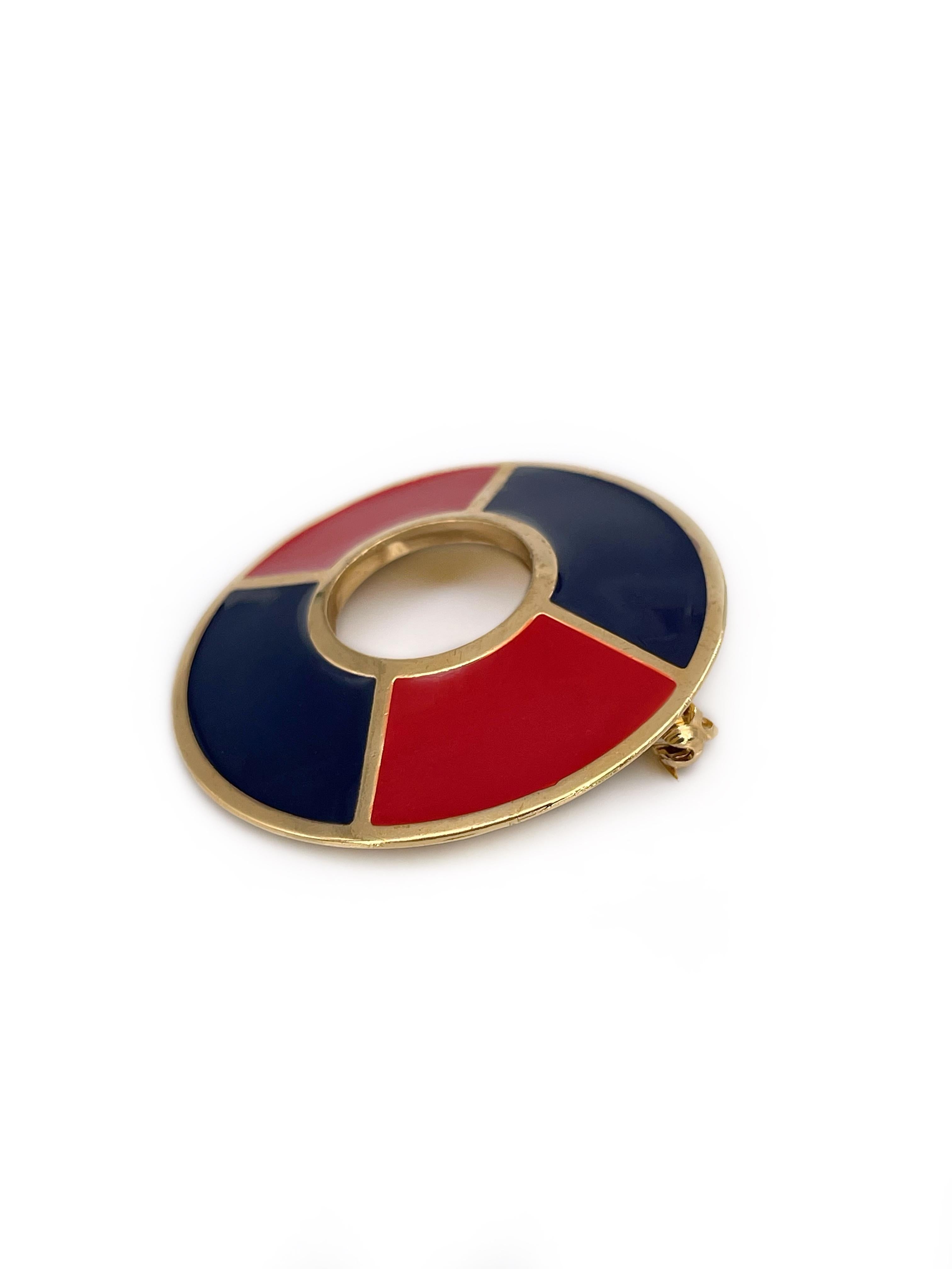 Moderne Yves Saint Laurent YSL Broche ronde vintage en émail rouge, bleu et or, années 1990 en vente