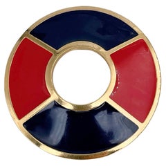 1990s Vintage Yves Saint Laurent YSL Gold Tone Red Blue Enamel Round Brooch
