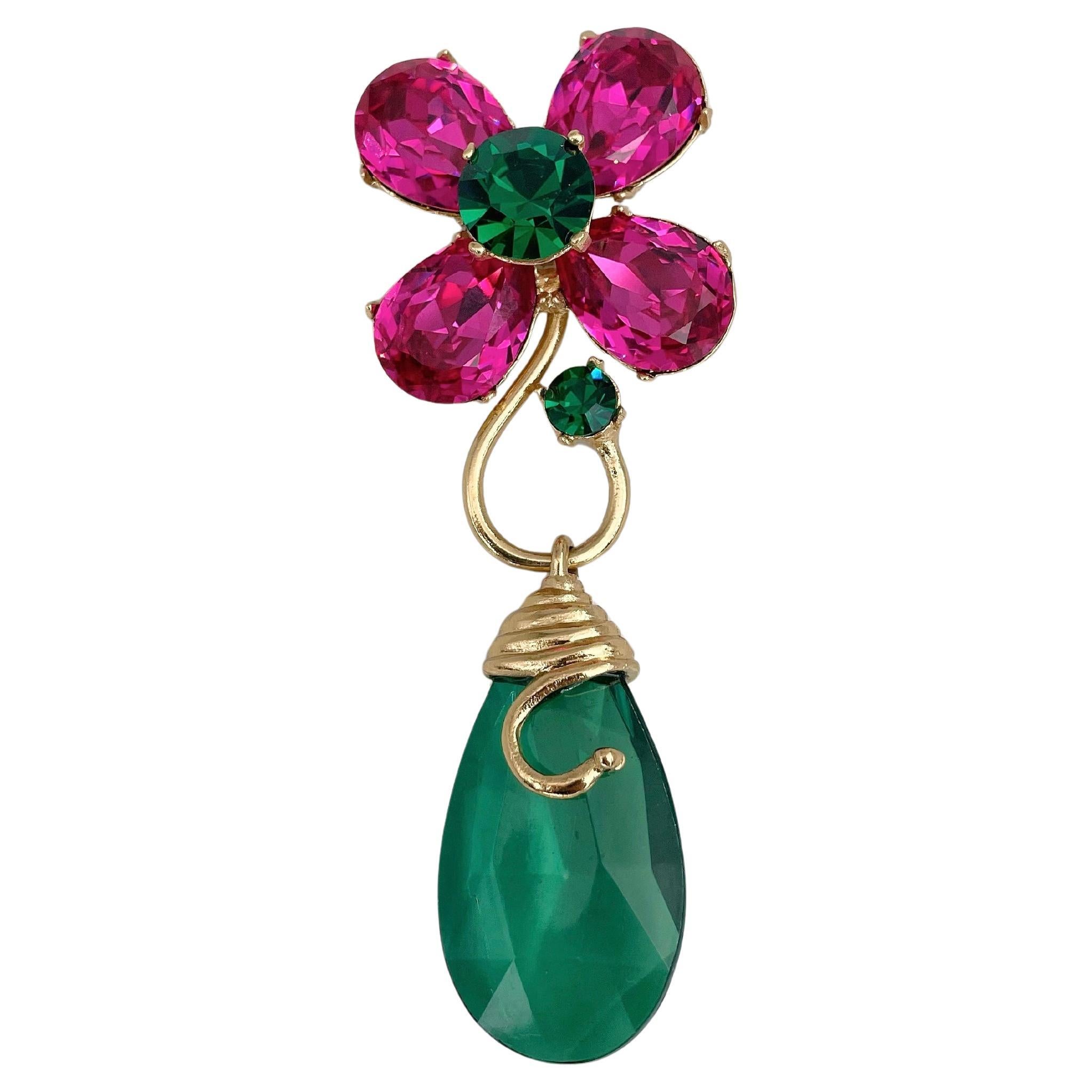 1990s Vintage Yves Saint Laurent YSL Pink Green Crystal Flower Pin Brooch