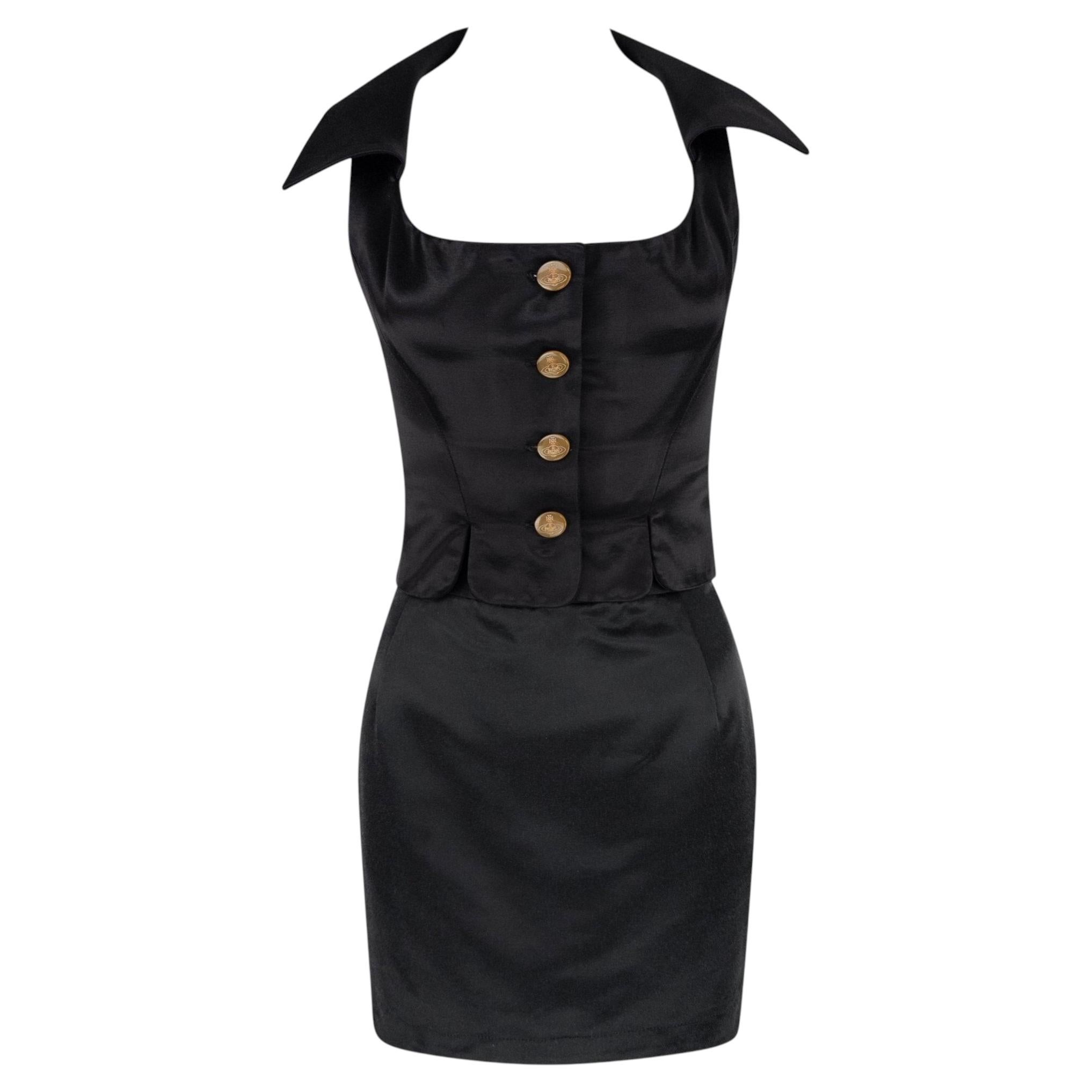 Set degli anni '90 di Vivienne Westwood composto da bustier in raso nero, top corto e minigonna in vendita