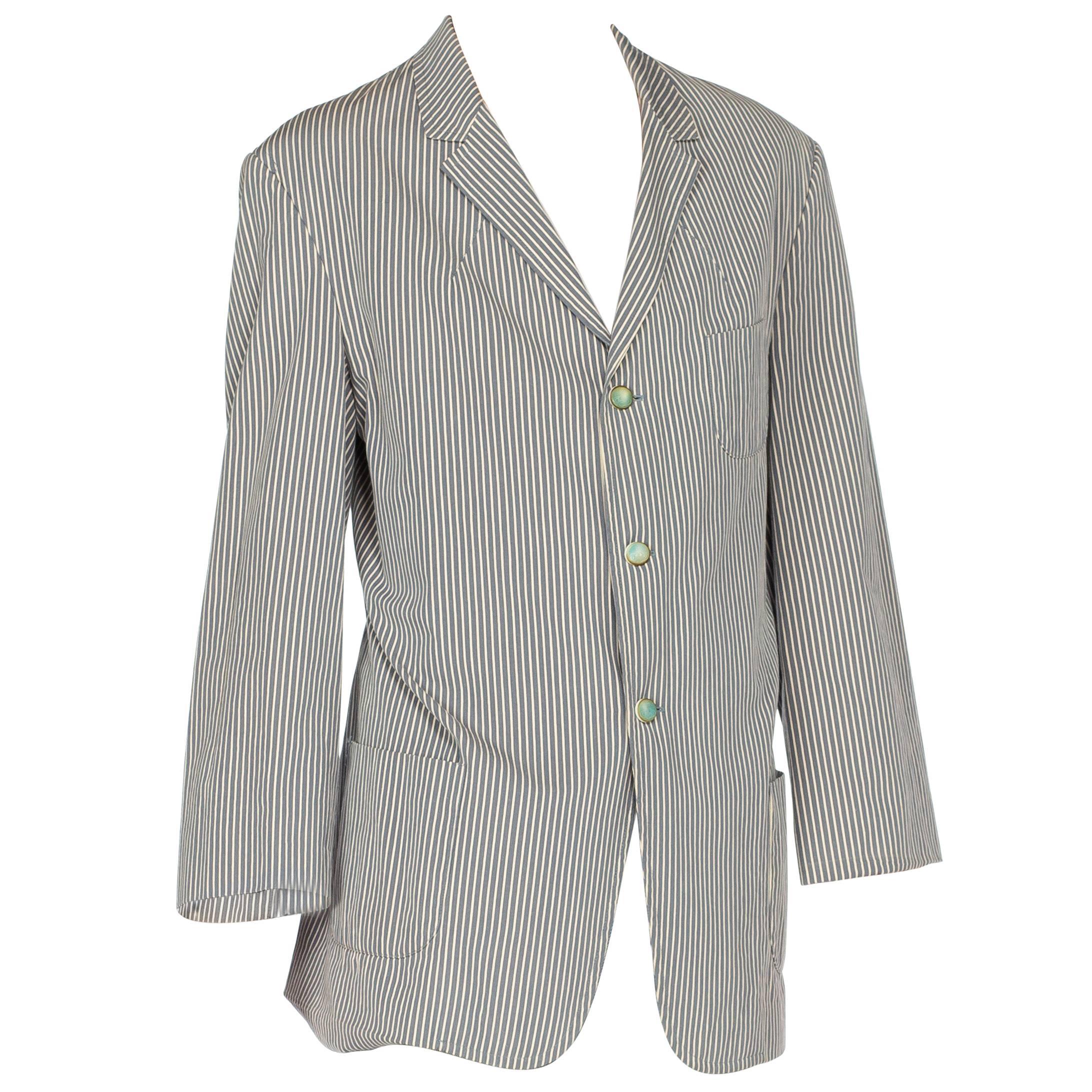 1990er VIVIENNE WESTWOOD Seersucker Herren Gatsby Stil Blazer aus blauer und weißer Baumwolle im Gatsby-Stil