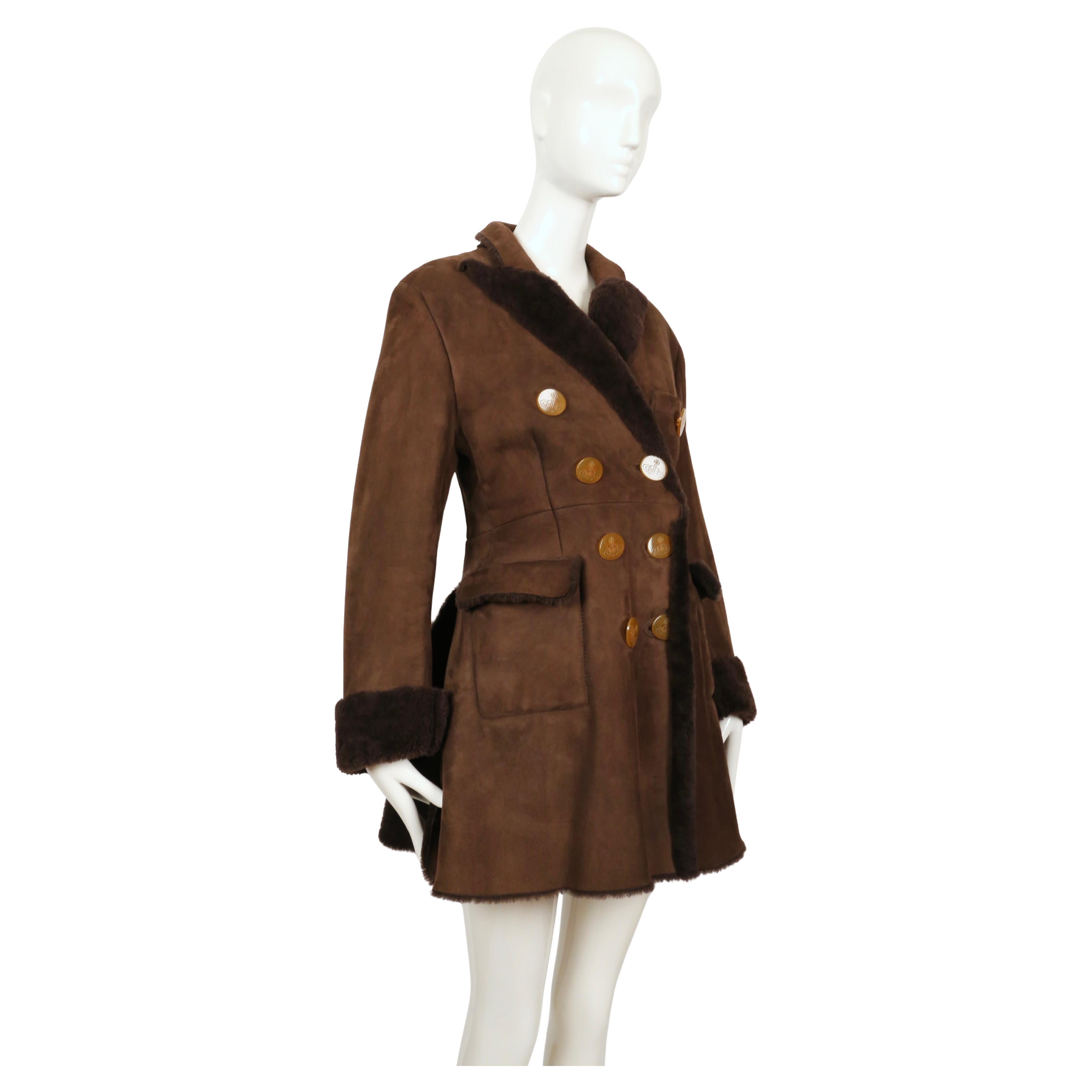 1994 Vivienne Westwood cappotto in shearling marrone con bottoni a forma di orbita In condizioni buone in vendita a San Fransisco, CA
