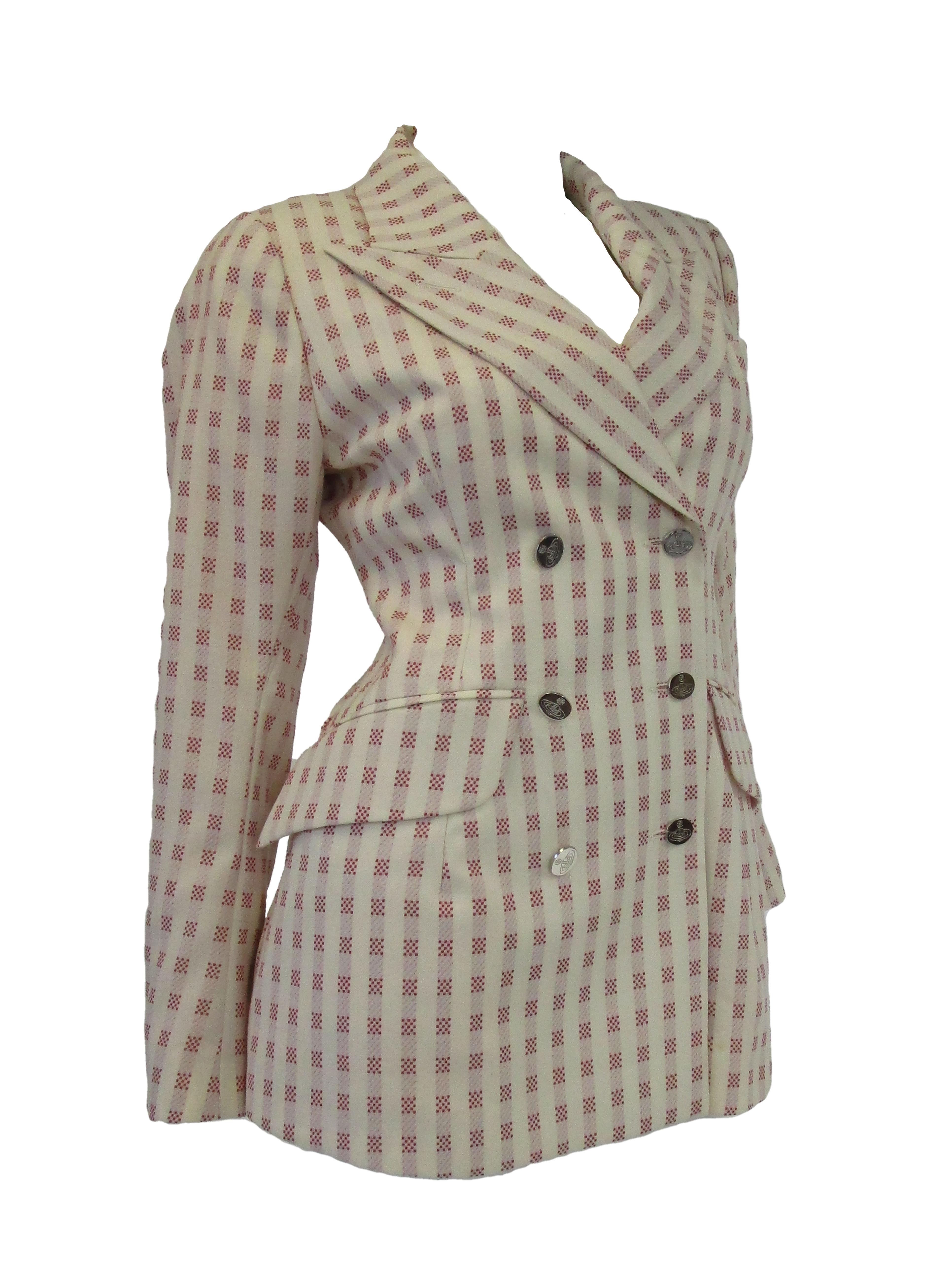 Gray 1990’s Vivienne Westwood Gold Label Red and Cream Checked bobble Breasted Blazer For Sale