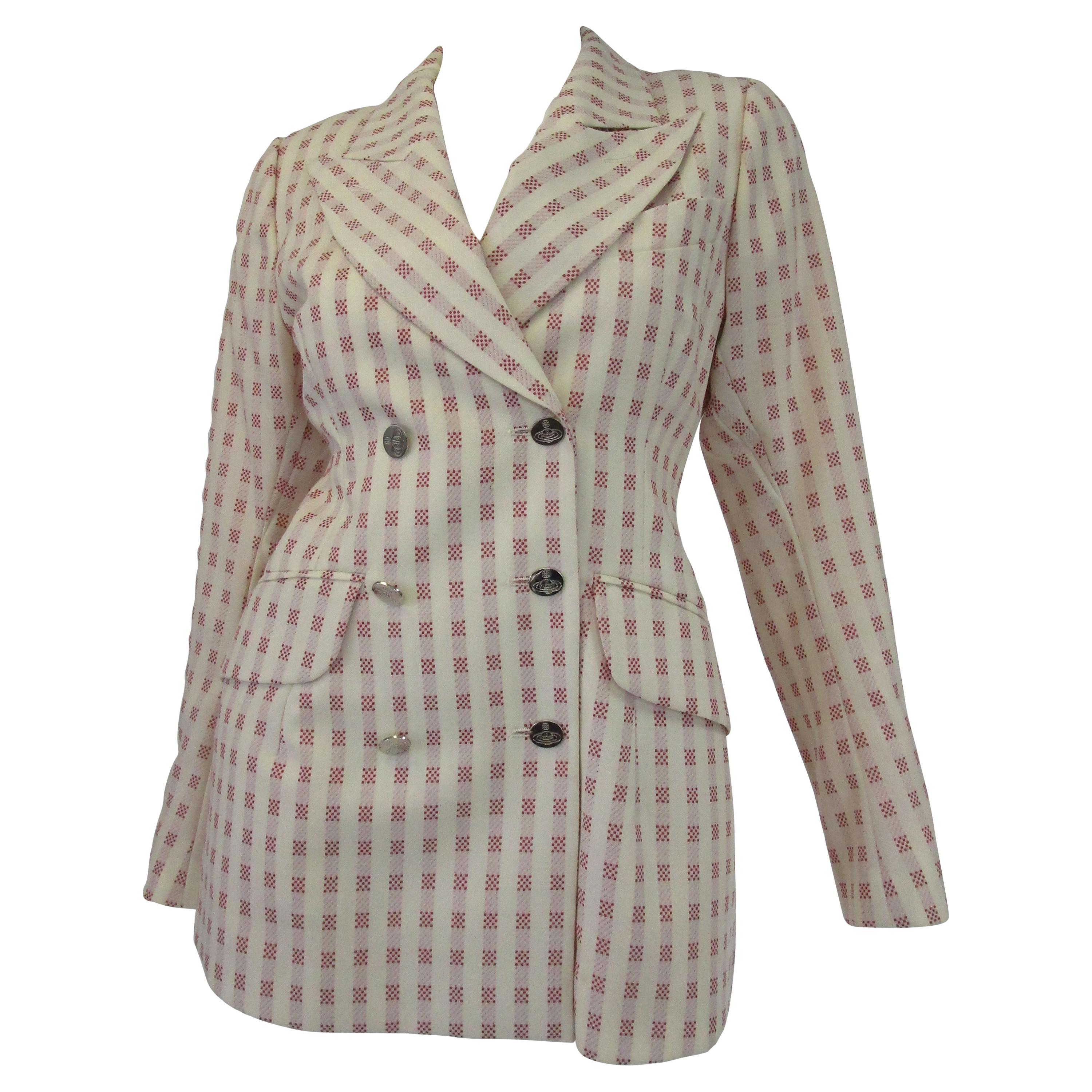 1990’s Vivienne Westwood Gold Label Red and Cream Checked bobble Breasted Blazer For Sale