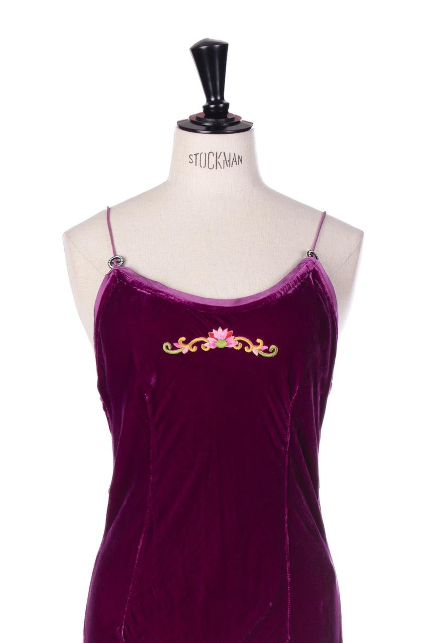 1990s VOYAGE London Burgundy/Pink Embroidered Silk Blend Velvet Maxi Slip Dress For Sale 3