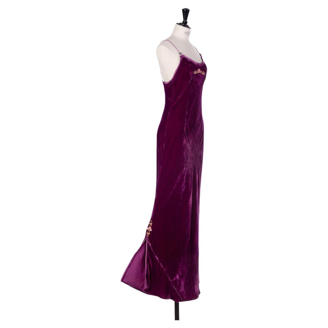 1990s VOYAGE London Burgundy/Pink Embroidered Silk Blend Velvet Maxi Slip Dress In Excellent Condition For Sale In Munich, DE