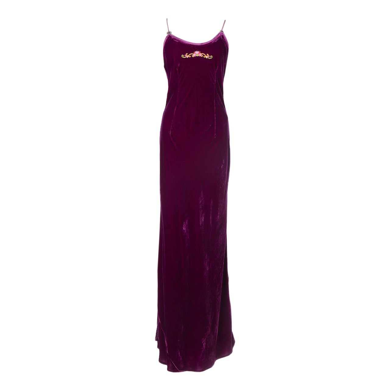 1990s VOYAGE London Burgundy/Pink Embroidered Silk Blend Velvet Maxi Slip Dress