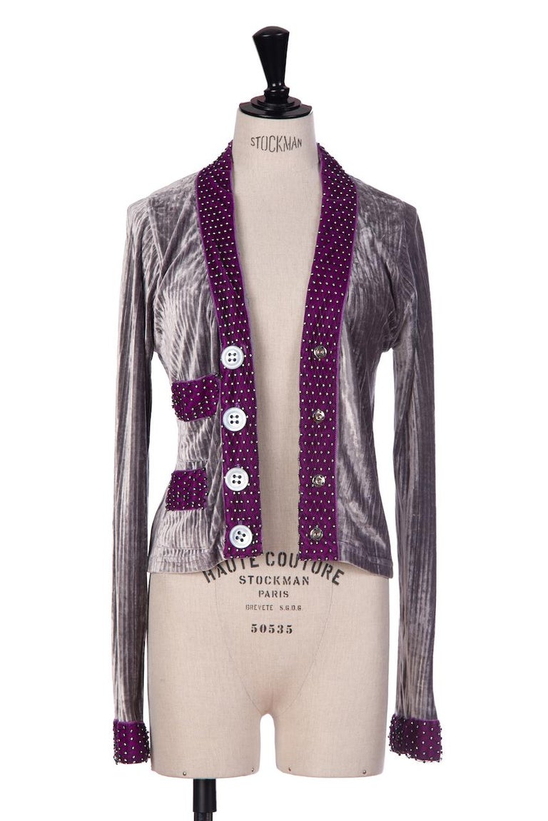 1990s VOYAGE London Grey and Plum Rhinestone Embellished Velvet Cardigan or  Top For Sale at 1stDibs