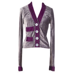1990s VOYAGE London Grey & Plum Rhinestone Embellished Velvet Cardigan or Top