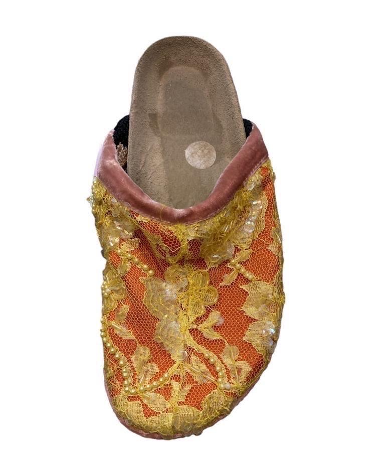 Women's 1990S VOYAGE Orange & Yellow Silk Lace Slip On Shoes For Sale