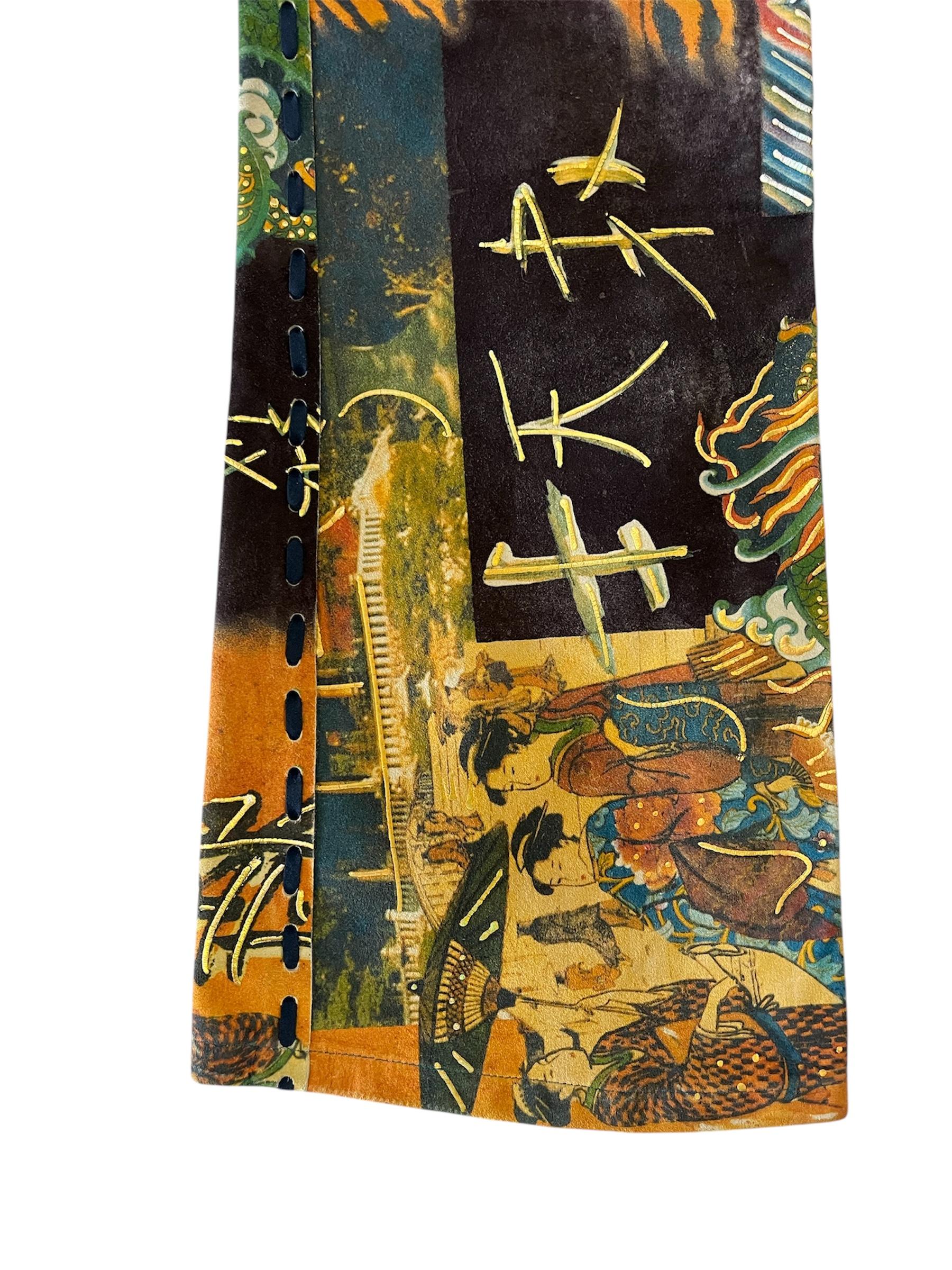 Black 1990s VOYAGE PASSION Blue & Orange Printed Suede Pants For Sale