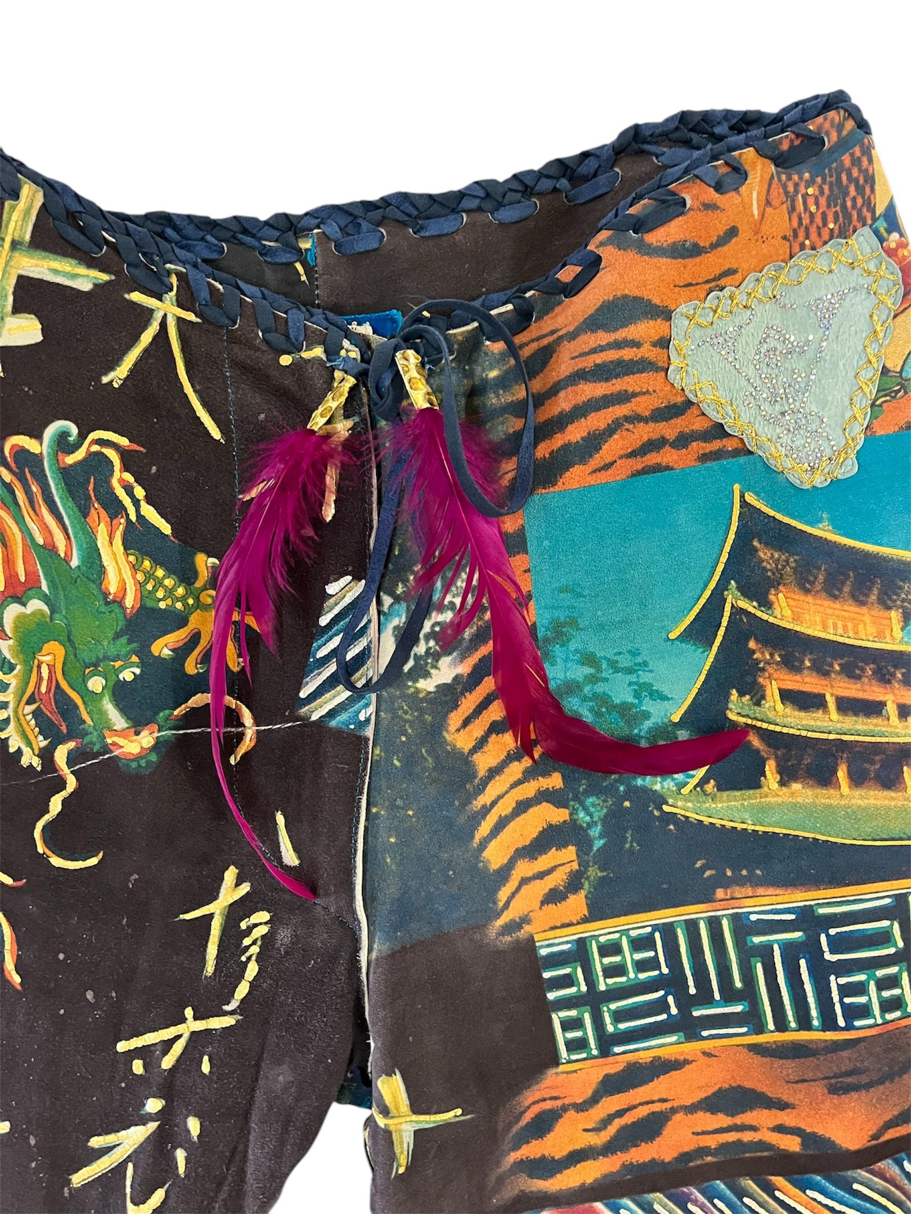 1990s VOYAGE PASSION Blue & Orange Printed Suede Pants In Excellent Condition For Sale In New York, NY