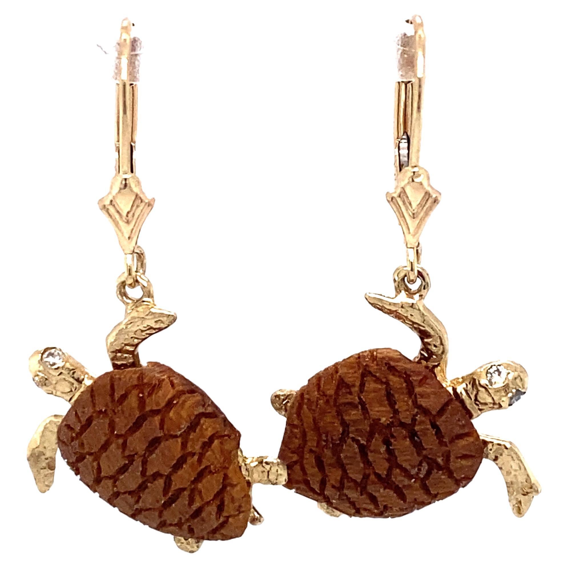 1990S Walnut Wood Turtle Earrings with Diamond Eyes in 14 Karat Gold For Sale