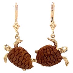 Vintage 1990S Walnut Wood Turtle Earrings with Diamond Eyes in 14 Karat Gold