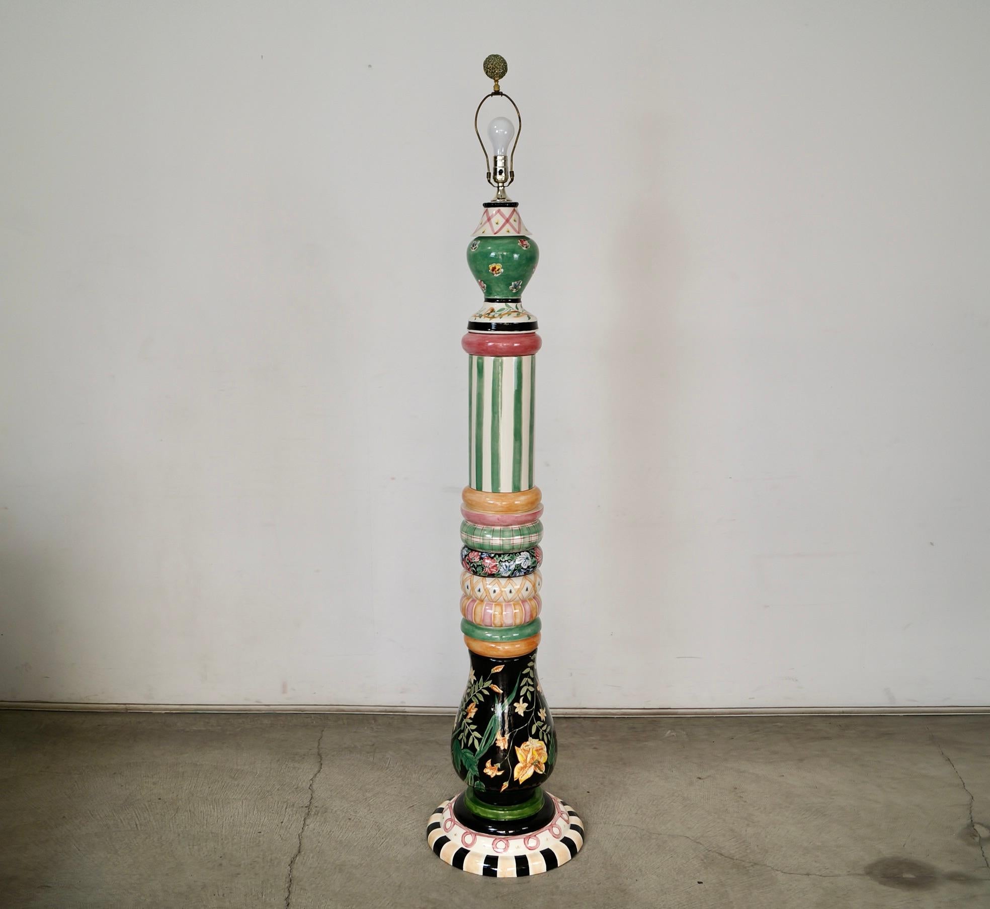 1990's Whimsical Folk Art MacKenzie-Childs Ceramic Floor Lamp In Good Condition For Sale In Burbank, CA