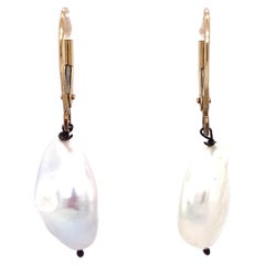 1990s White Baroque Pearl Lever Back Drop Earrings in 14 Karat Gold