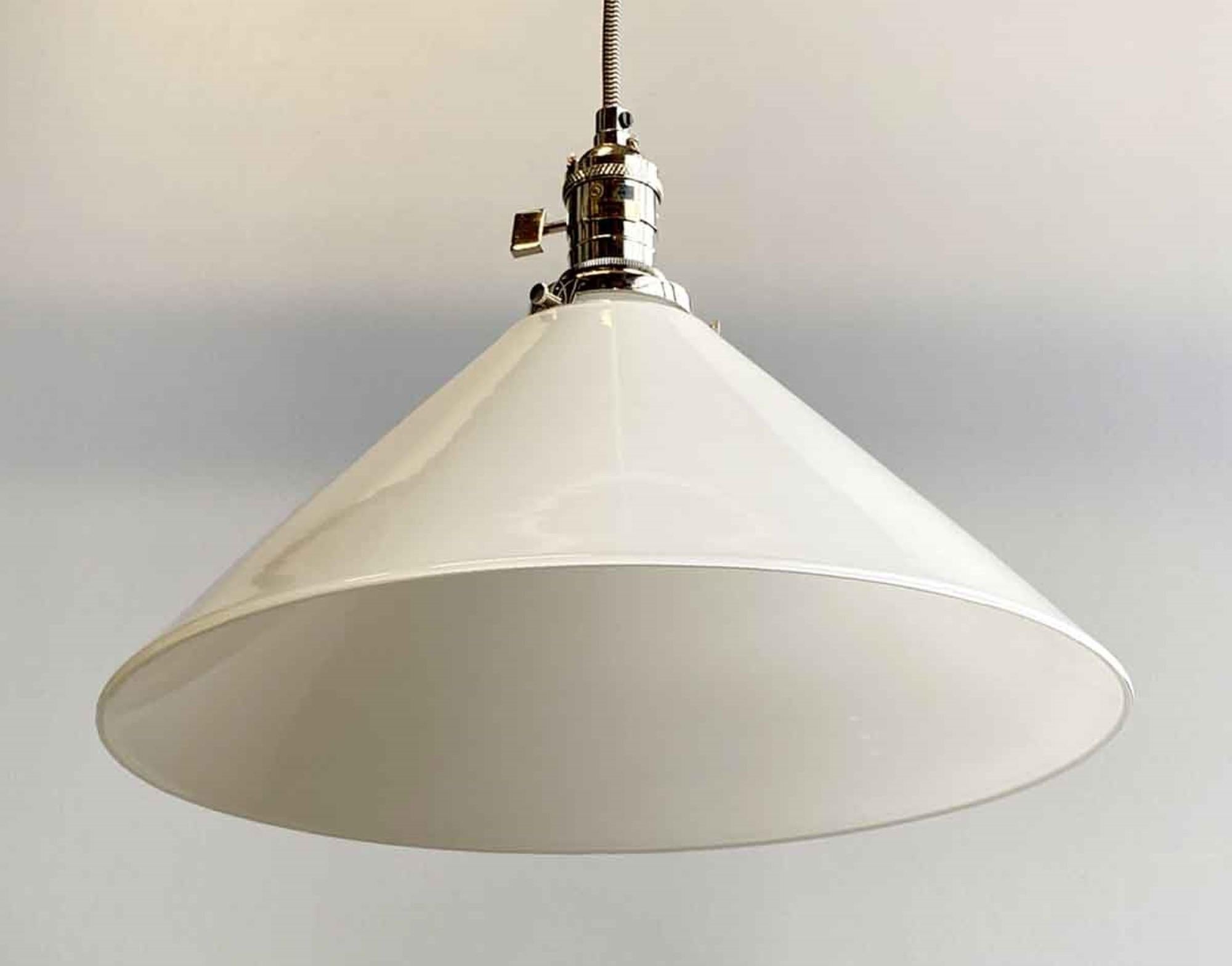 1990s white glass cone glass shade pendant light. Features new polished nickel finish hardware. Cleaned and rewired. Please note, this item is located in one of our NYC locations.
